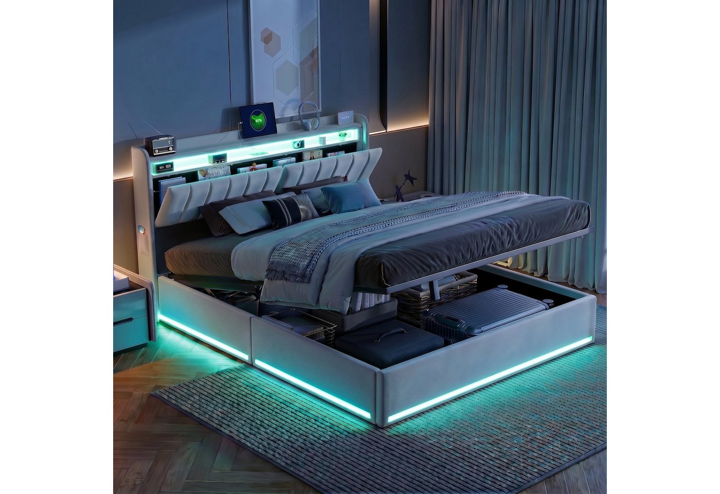 Furnishings Home Polsterbett Stauraumbett Doppelbett LED (Hydraulisch hebbarer Stauraum), Mit LED-Beleuchtung, Bettkasten, Ladefunktion, Samt, 140x200 cm