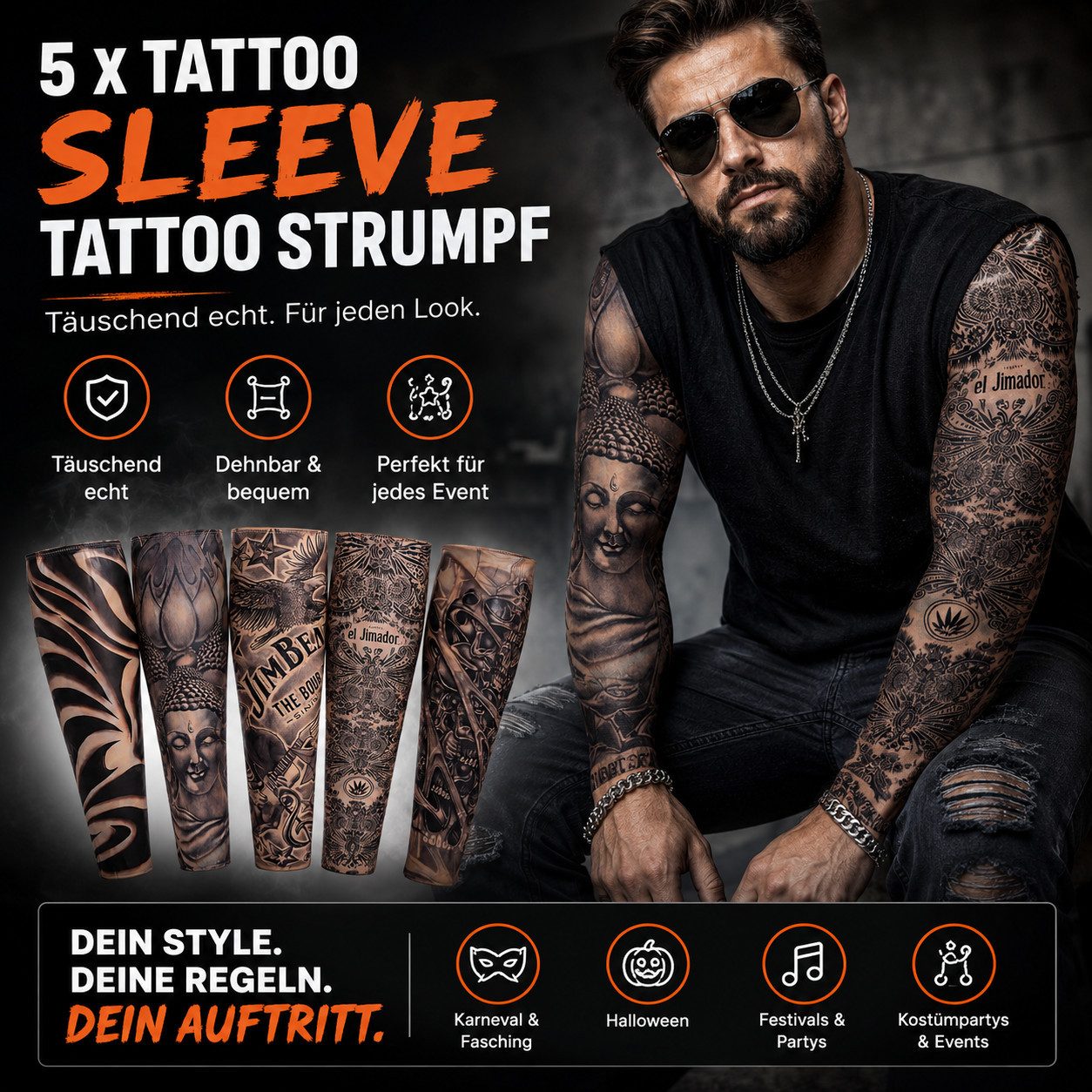Kostümheld® Kostüm 5x Tattoo Ärmel Nylon Tattoo Sleeve Armstrumpf - Fasching / Halloween, Schnell überzuziehen