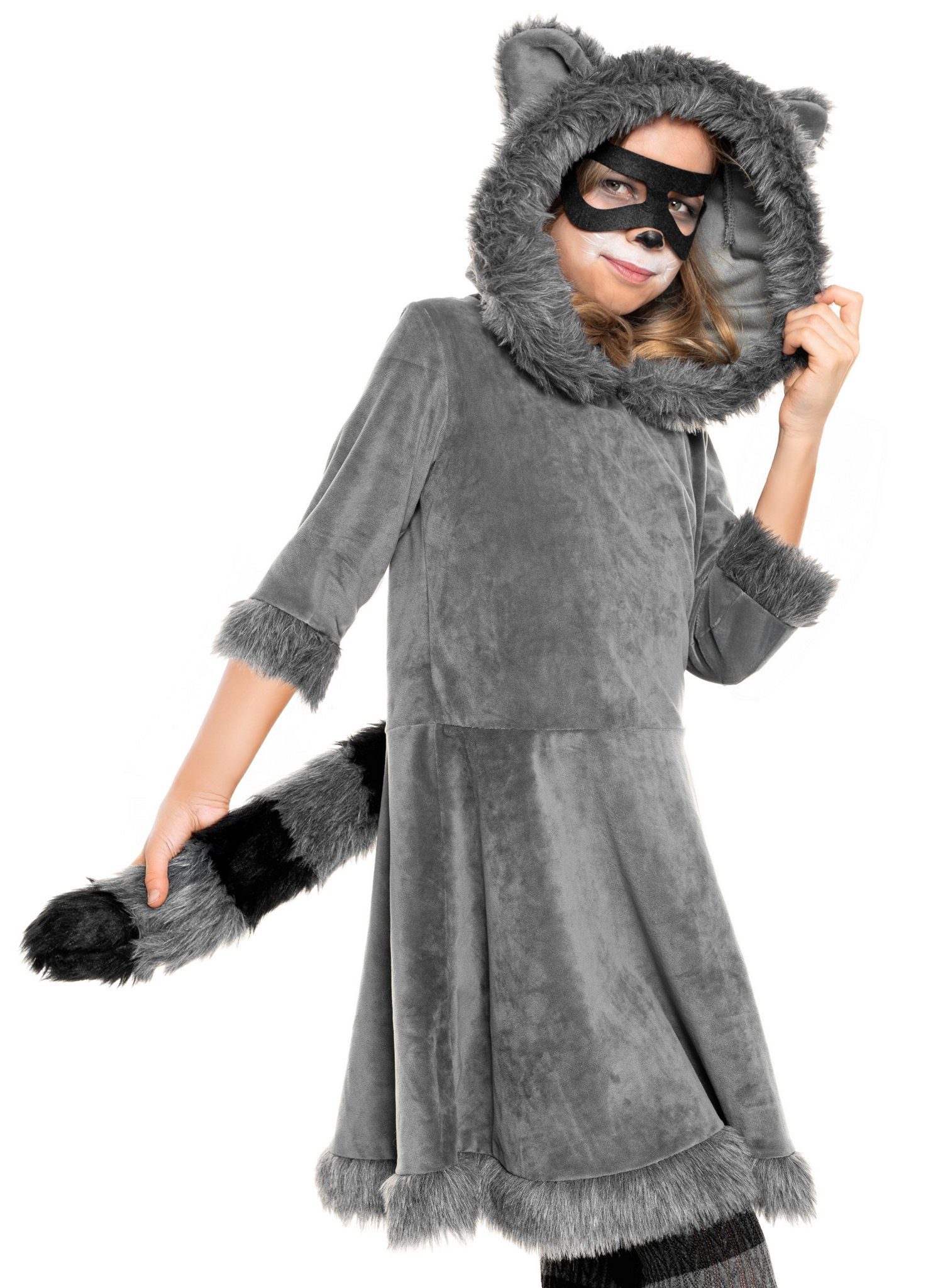 Maskworld Kostüm Waschbär Tier Kinderkostüm - Karneval Halloween, Freches Waschbärkleid mit flauschiger Kapuze für Mädchen