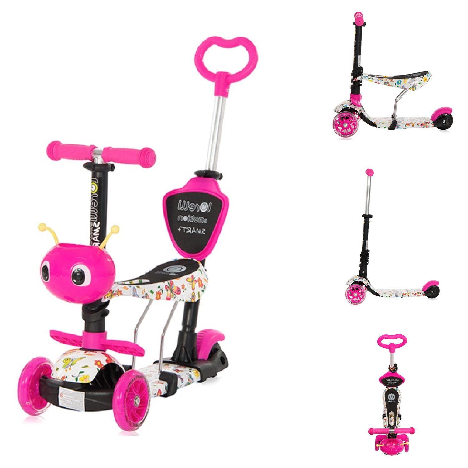 Lorelli Cityroller Scooter Smart Plus 5 in 1, verstellbar PU Räder leuchten ABEC-7 Lager rosa Schmetterlinge