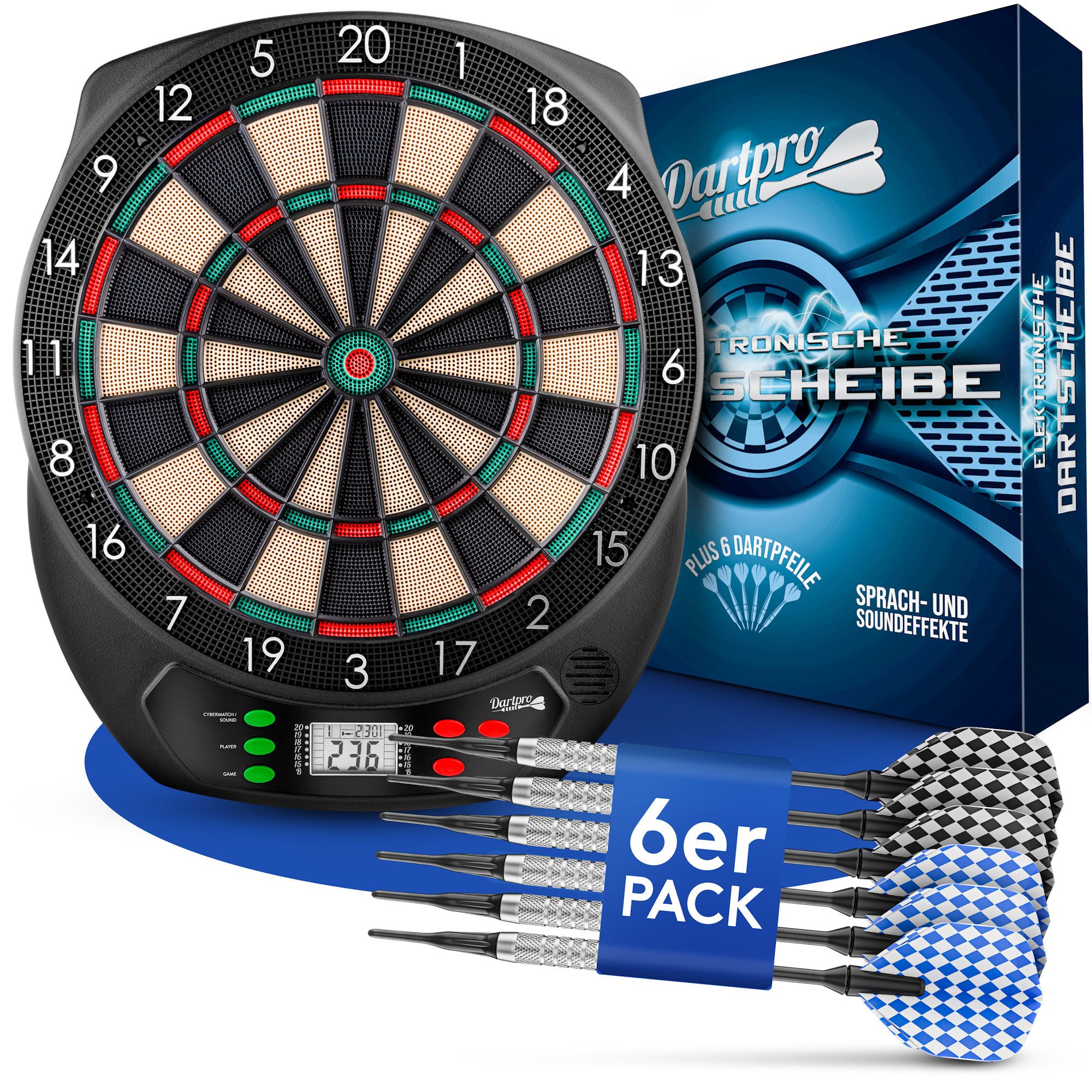 Dartscheibe elektronisch - 6 Softdarts - Profi Dartboard für bis zu 8 Spieler
