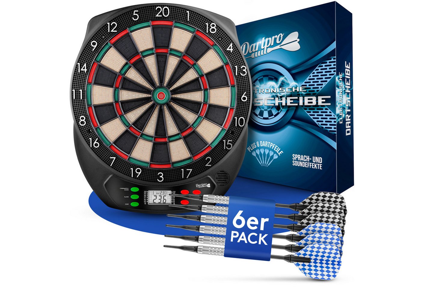 DartPro Dartscheibe elektronisch - für Profis -, (Elektrisches Dartboard mit 6 Pfeilen), 21 Spiele, 65 Varianten - LCD-Display - Batterie- & Netzbetrieb