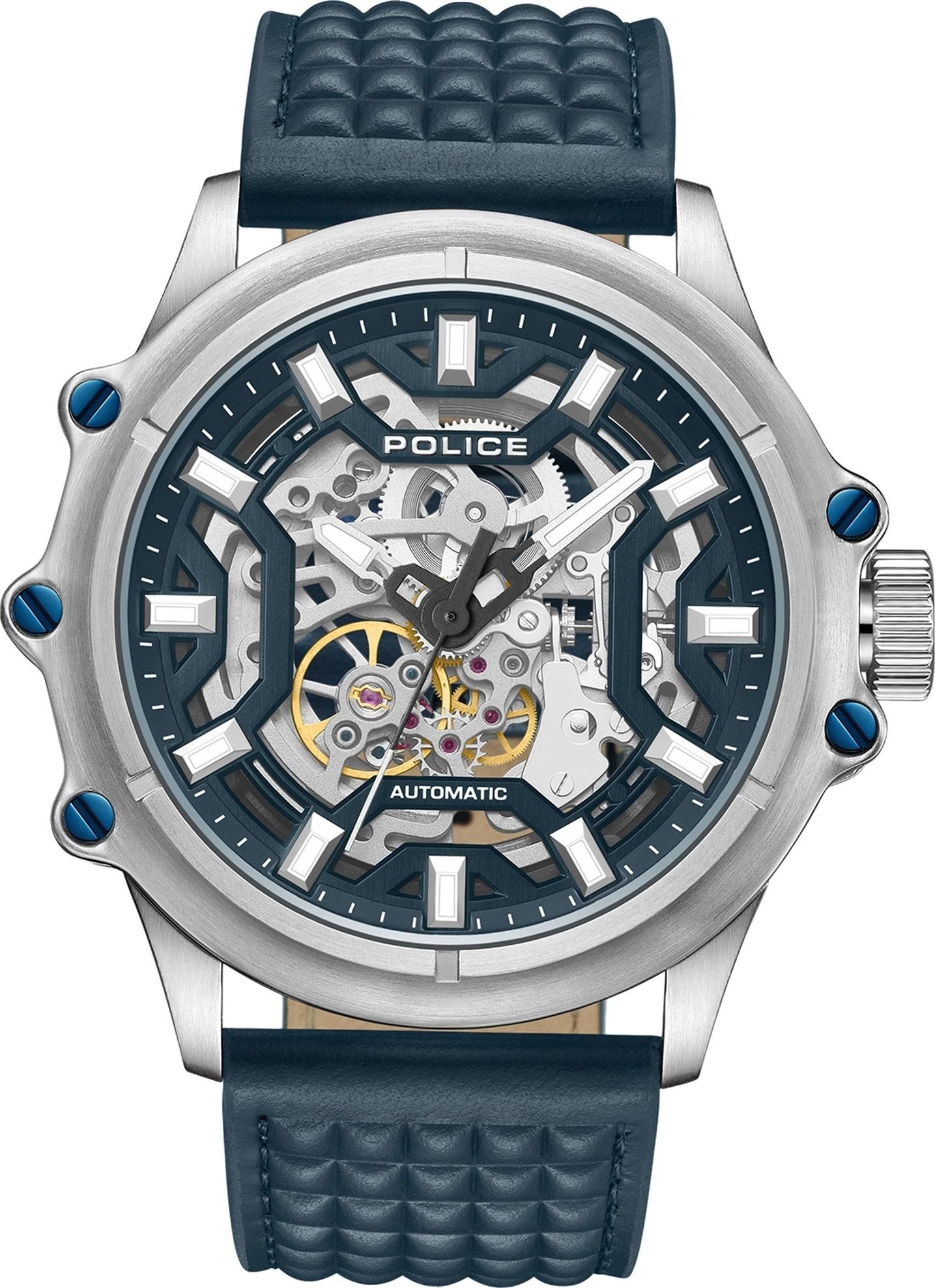 Police Quarzuhr Police Herrenuhr Leder blau, (Analoguhr), Herrenuhr rund, groß (ca. 45mm) Lederarmband, Fashion-Style