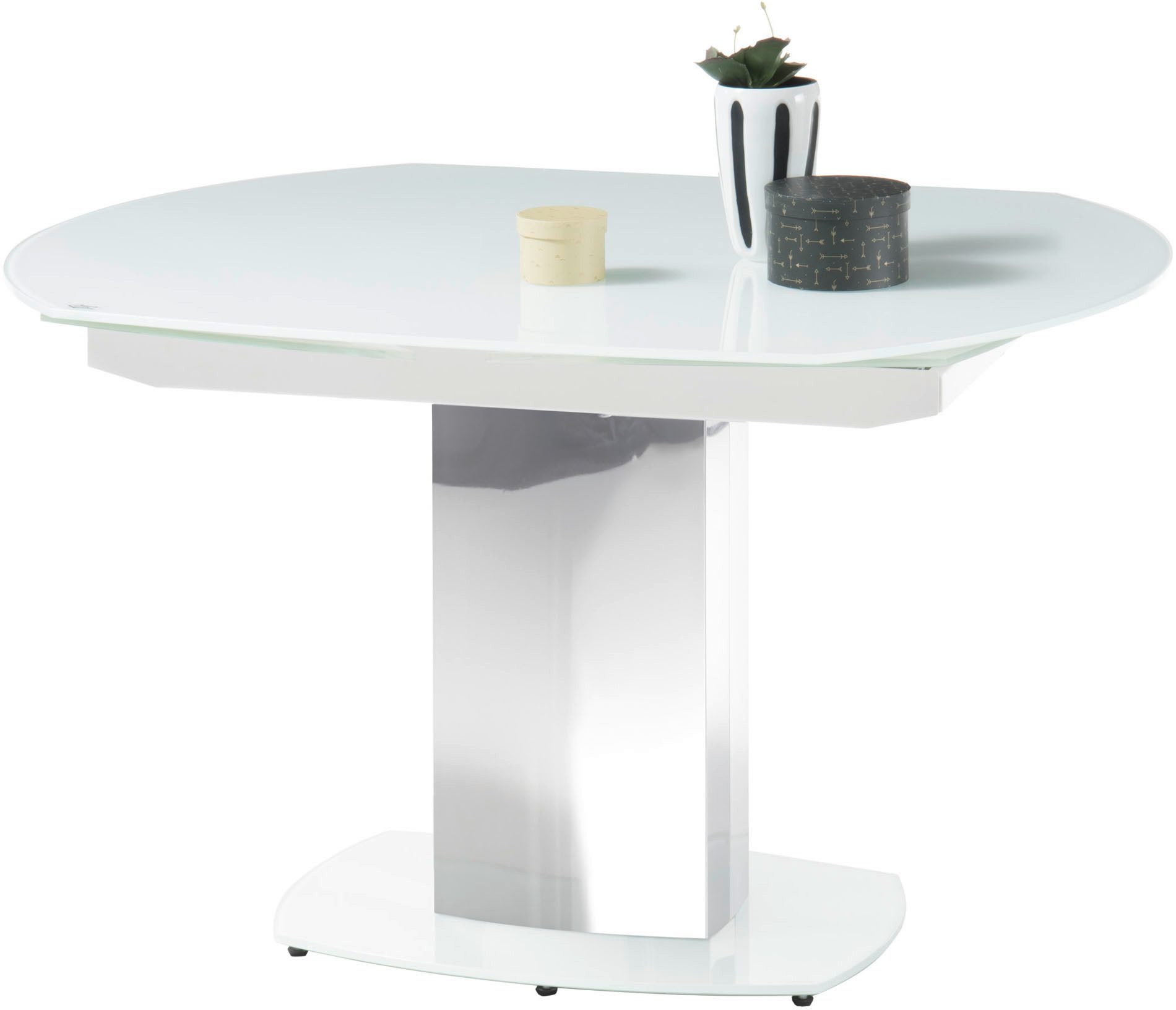 Stolkom Sp.z.o.o. Esstisch Jackson Glastisch Weiß, Tisch ausziehbar, BxHxT 130-190x75x105 cm, Automatische beidseitiger Drehauszug, Tischplatte in Super White