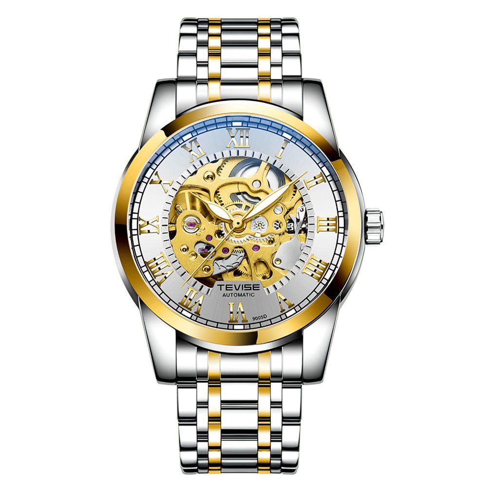 GelldG Uhr Uhr Automatik, mechanische Armbanduhr, Wasser- und Kratzfest, Herren Gold, Weiß