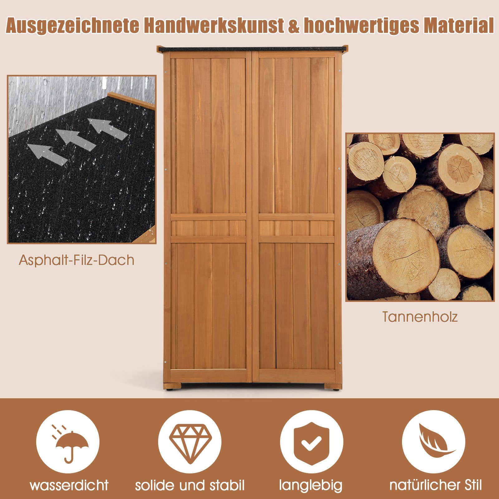 COSTWAY Garten-Geräteschrank, BxT: 87x47 cm, Gartenschrank, Holzschrank, mit 3 herausnehmbaren Regalen