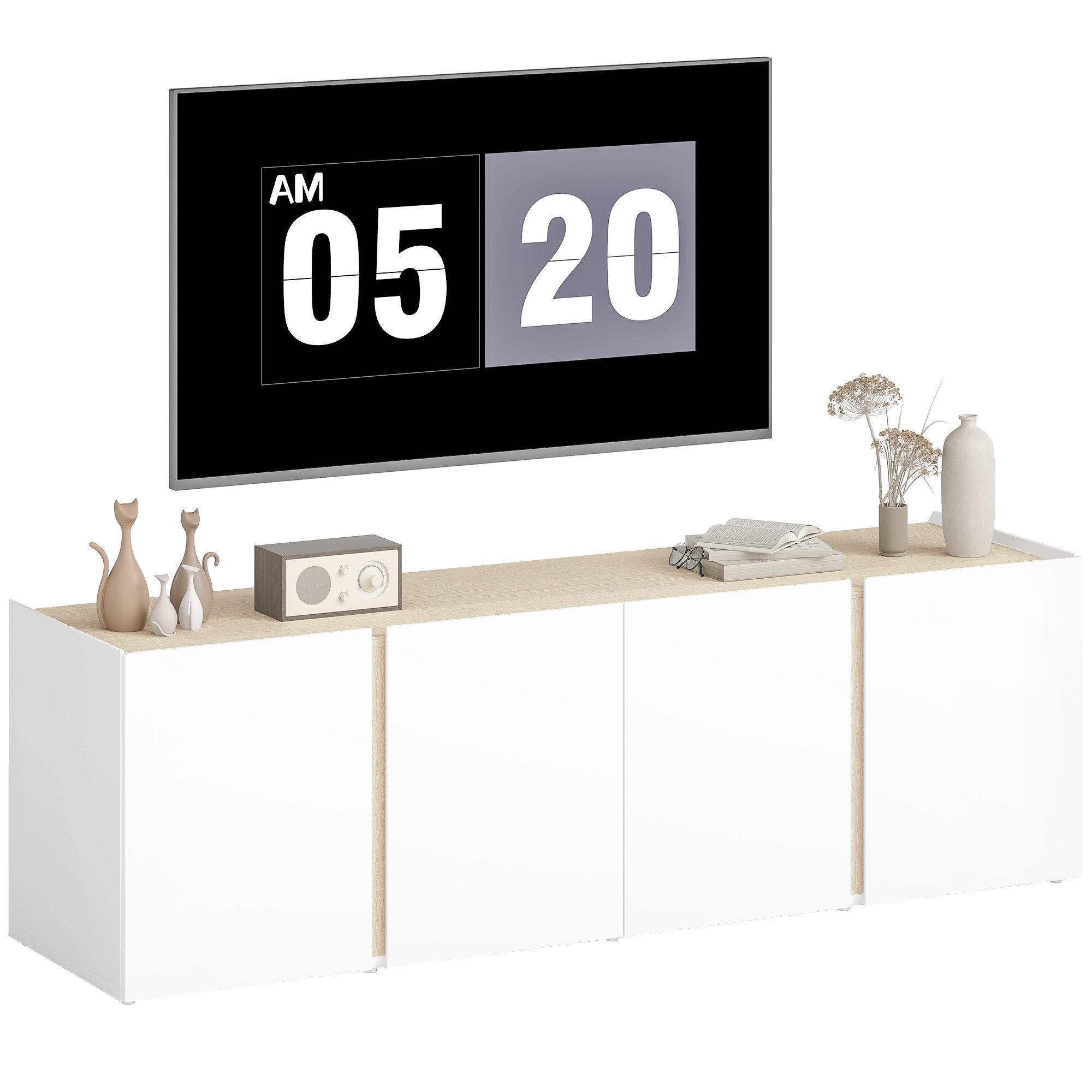 HOMCOM TV-Board mit 4 Soft-Close-Türen, Verstellbaren Ablagen, Kabelmanagement (Fernsehtisch, 1 St., TV Lowboard für Fernseher bis zu 65 Zoll), für Wohnzimmer Weiß 135x38x45cm