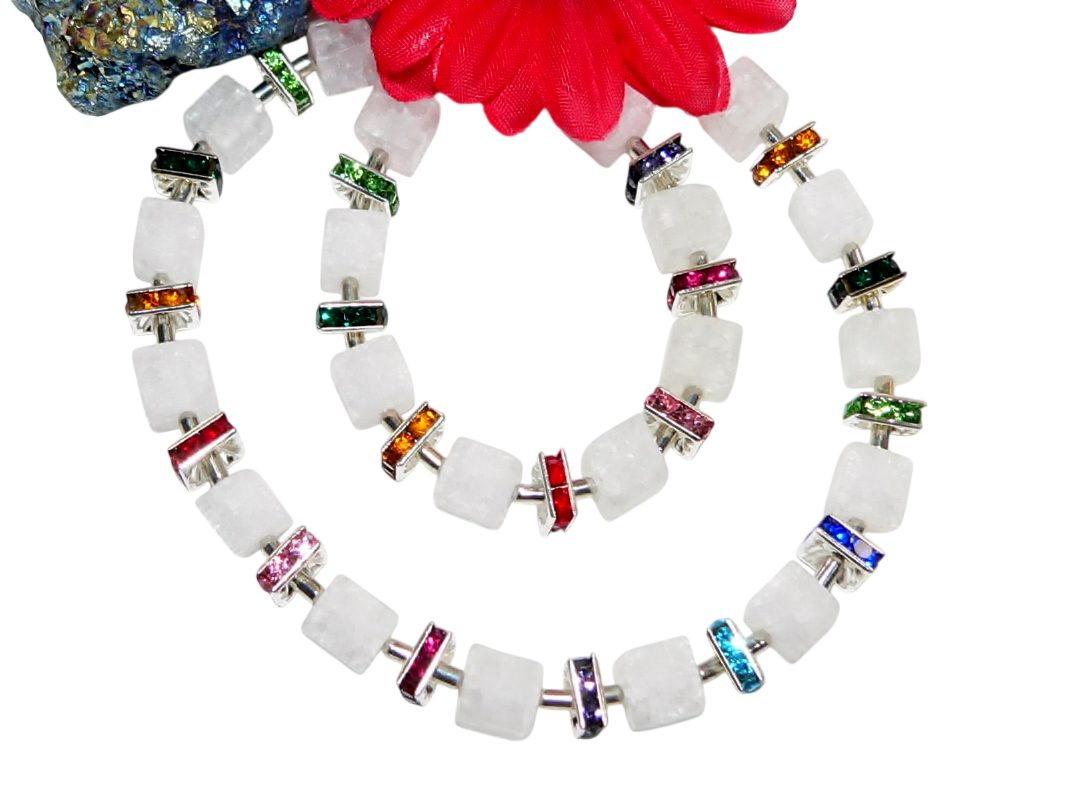 Collier 304o Collier Quarzwürfel weiss Strasselemente bunt mehrfarbig