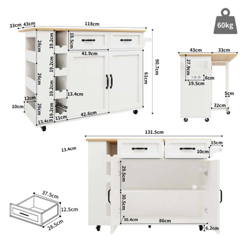XDeer Kücheninsel Kücheninsel,Küchenwagen mit Steckdosenleiste ausgestattet, Küchenschrank, Abnehmbare Servierwagen mit Weinregal,buffetschrank