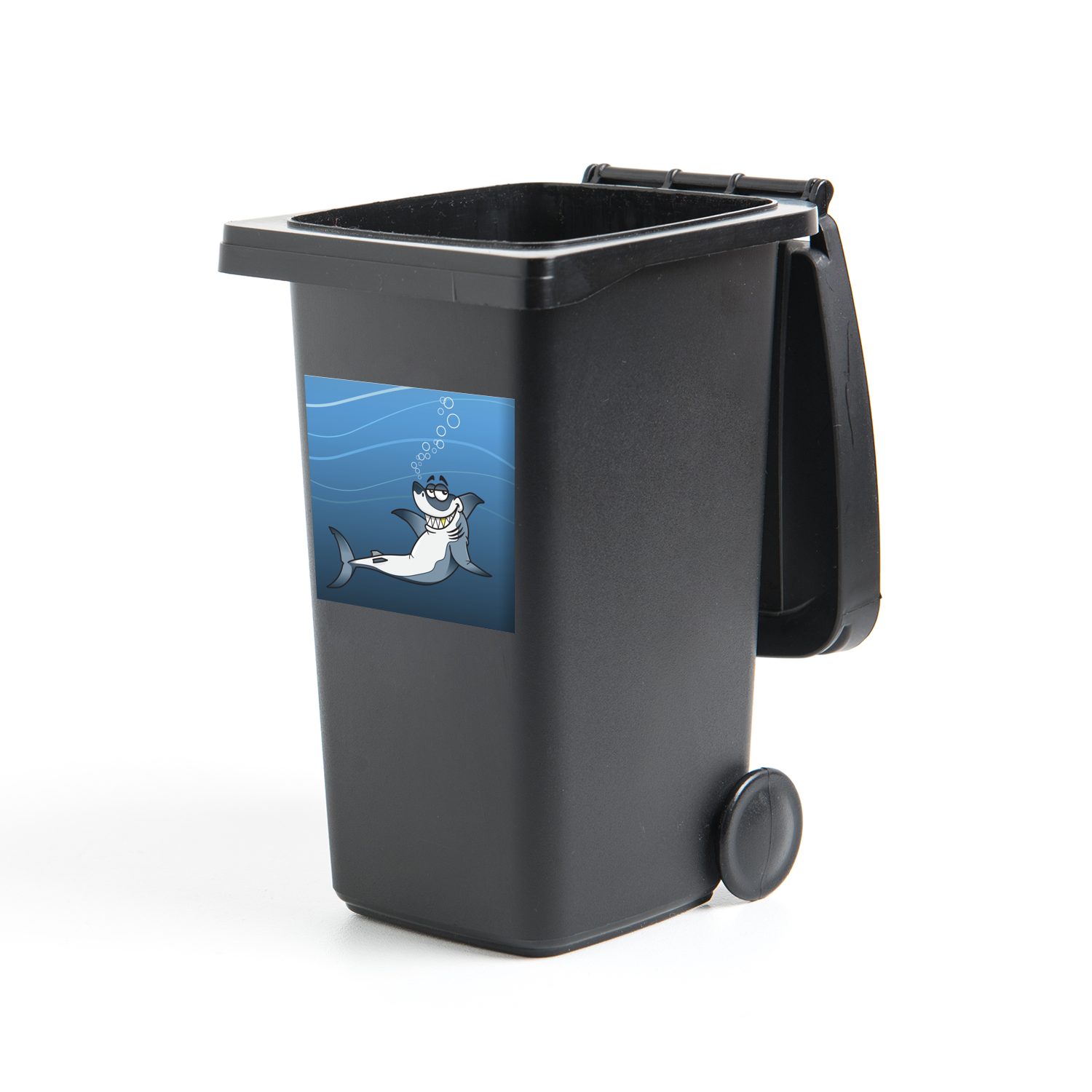 Abfalbehälter im (1 Sticker, Wandsticker Illustration Eine St), Mülltonne, eines Hais Mülleimer-aufkleber, MuchoWow weißen lachenden Container, Meer