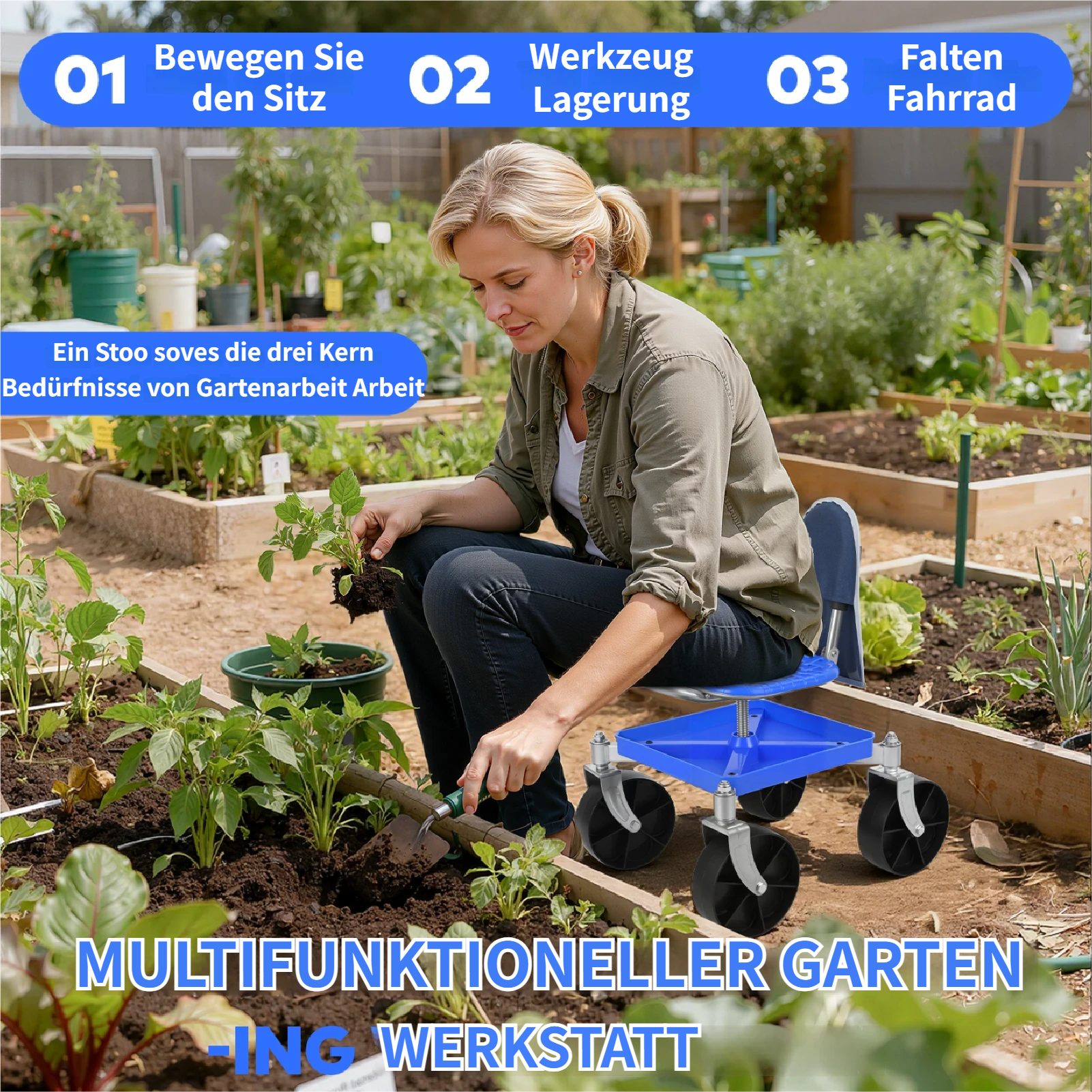 Rutaqian Rollsitz Fahrbarer Gartensitz bis 150 kg, Schubkarre Höhenverstellbar 51-61 cm (1 St, Gartenhocker), 360° Drehbarer Arbeitshocker mit Stauraum für Gart – Bild 3 von 5