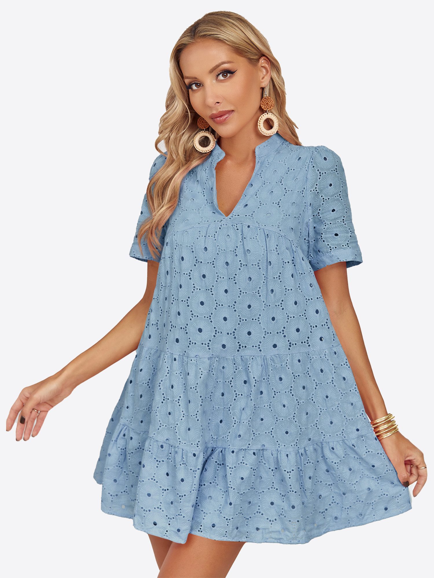 Imily Bela Spitzenkleid Damen Lochstickerei Freizeitkleid mit Puffärmeln (Packung, 1-tlg., 1per-Pack) aus Baumwolle