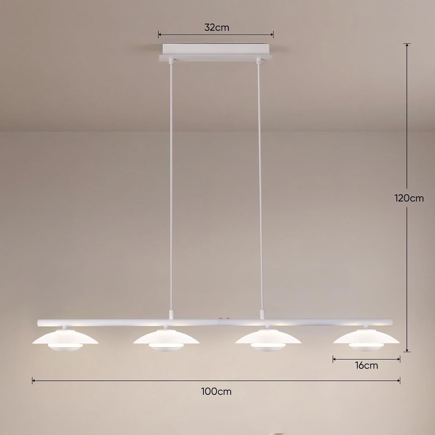 BlingBin LED Pendelleuchte Esstisch Hängelampe 3 Flammig mit Glas, elegante Sandweiß 17W, Eckig-4Flammig, LED fest integriert, Höhenverstellbar Pendelleuchte- f – Bild 4 von 5