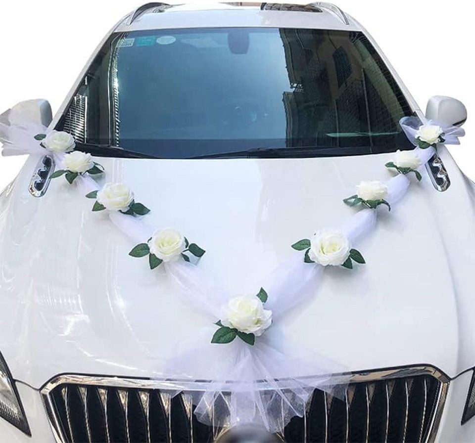 Kunstblume Kunstblumenstrauß Autoschmuck Hochzeit Motorhaube Weiß, Agger, Hochzeit Auto Wedding Deko Girlande für Hochzeit Party