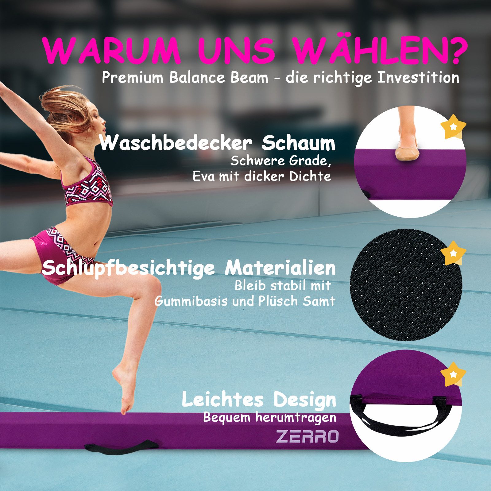 CCLIFE Balancetrainer Schwebebalken für Zuhause Kinder 240/270cm Balken Turnen, Grün, Lila