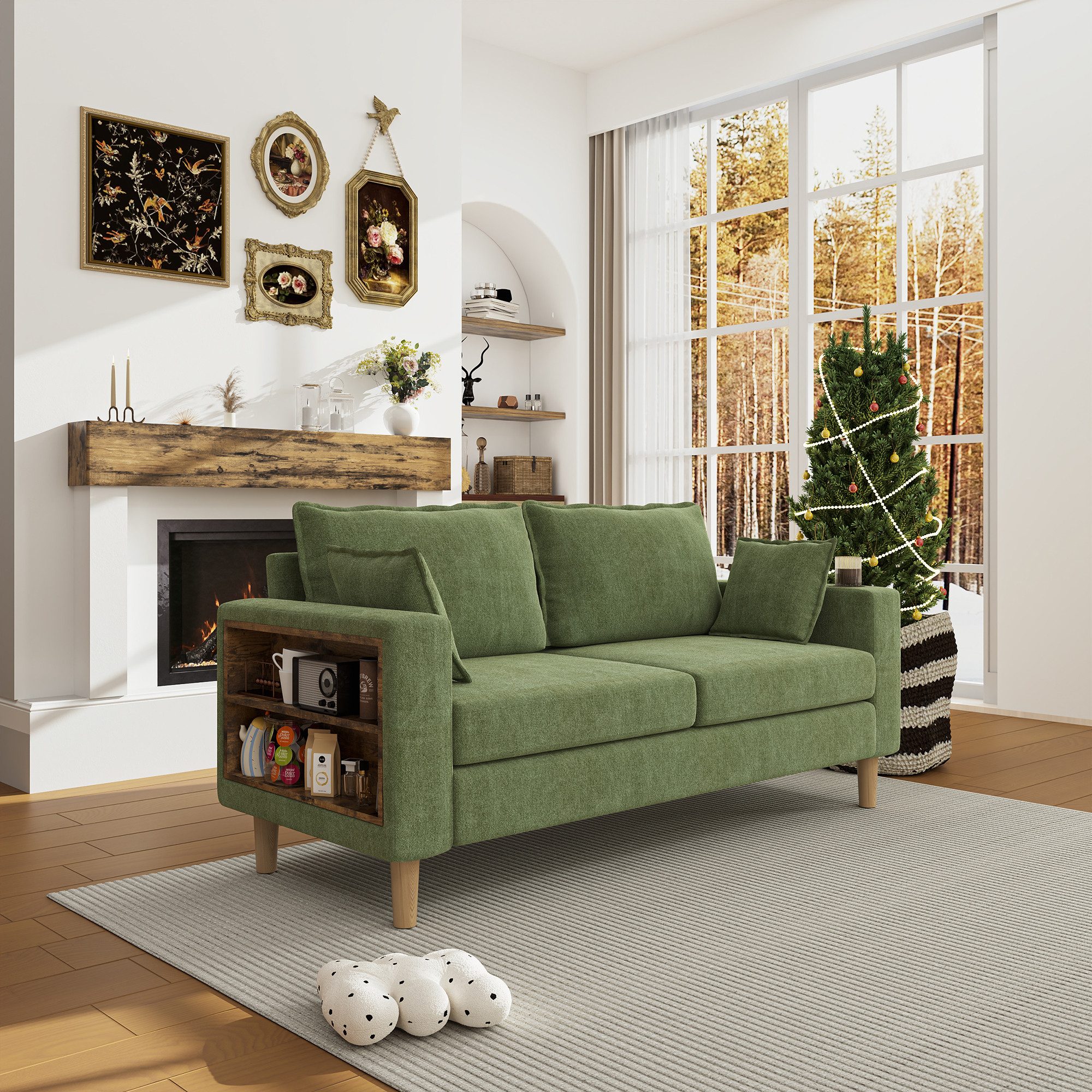 STILVORA Loungesofa mit Getränkehaltern Zweisitzer-Sofa mit seitlichen Fächern Olivgrün, Relaxsofa mit zwei Kissen für zusätzlichen Komfort, Ideal für nordisch inspirierte Innenräume und Leseecken