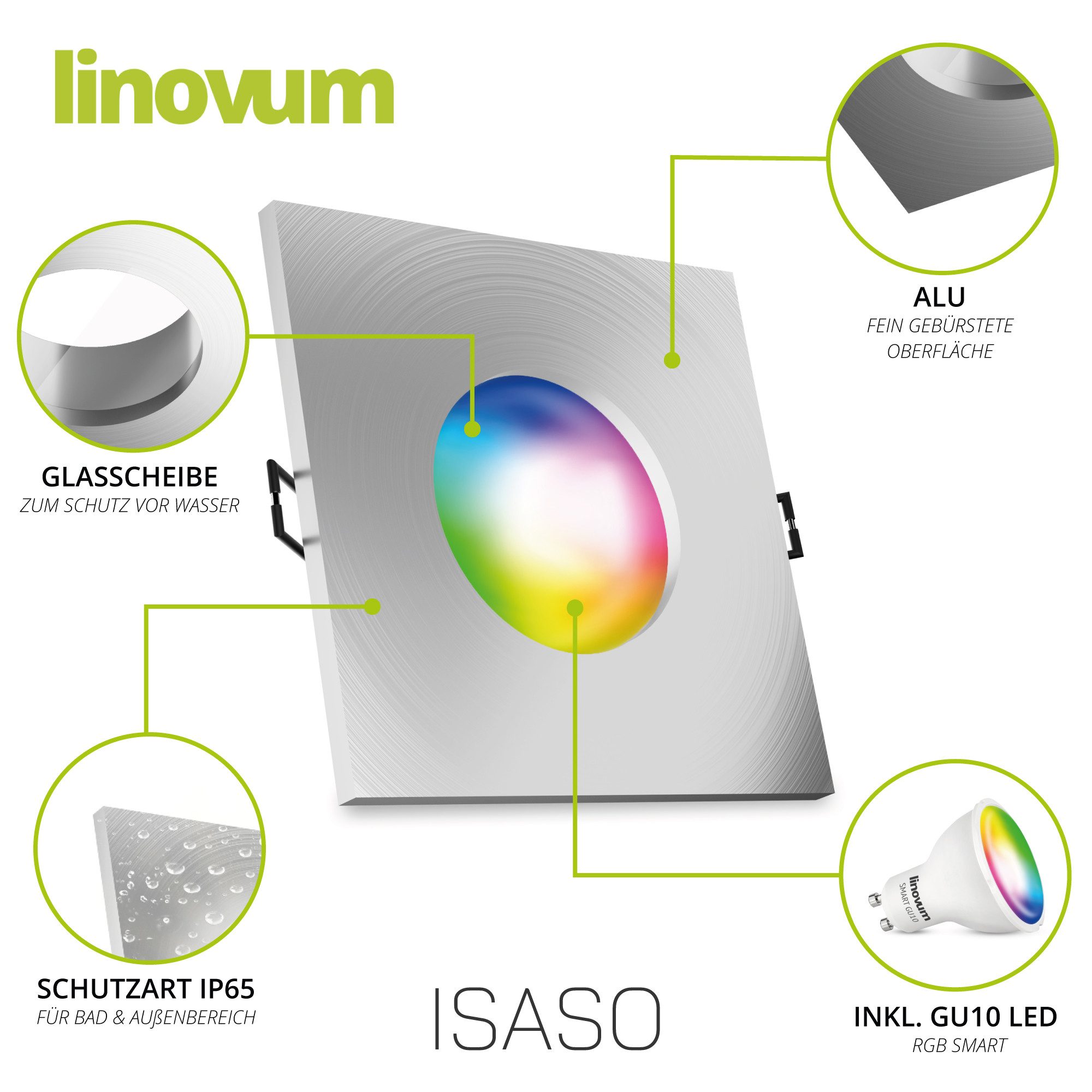linovum LED Außen-Deckenleuchte ISASO Einbauleuchte IP65 Bad eckig mit Smart GU10 4W WLAN Deckenlampe, Smart