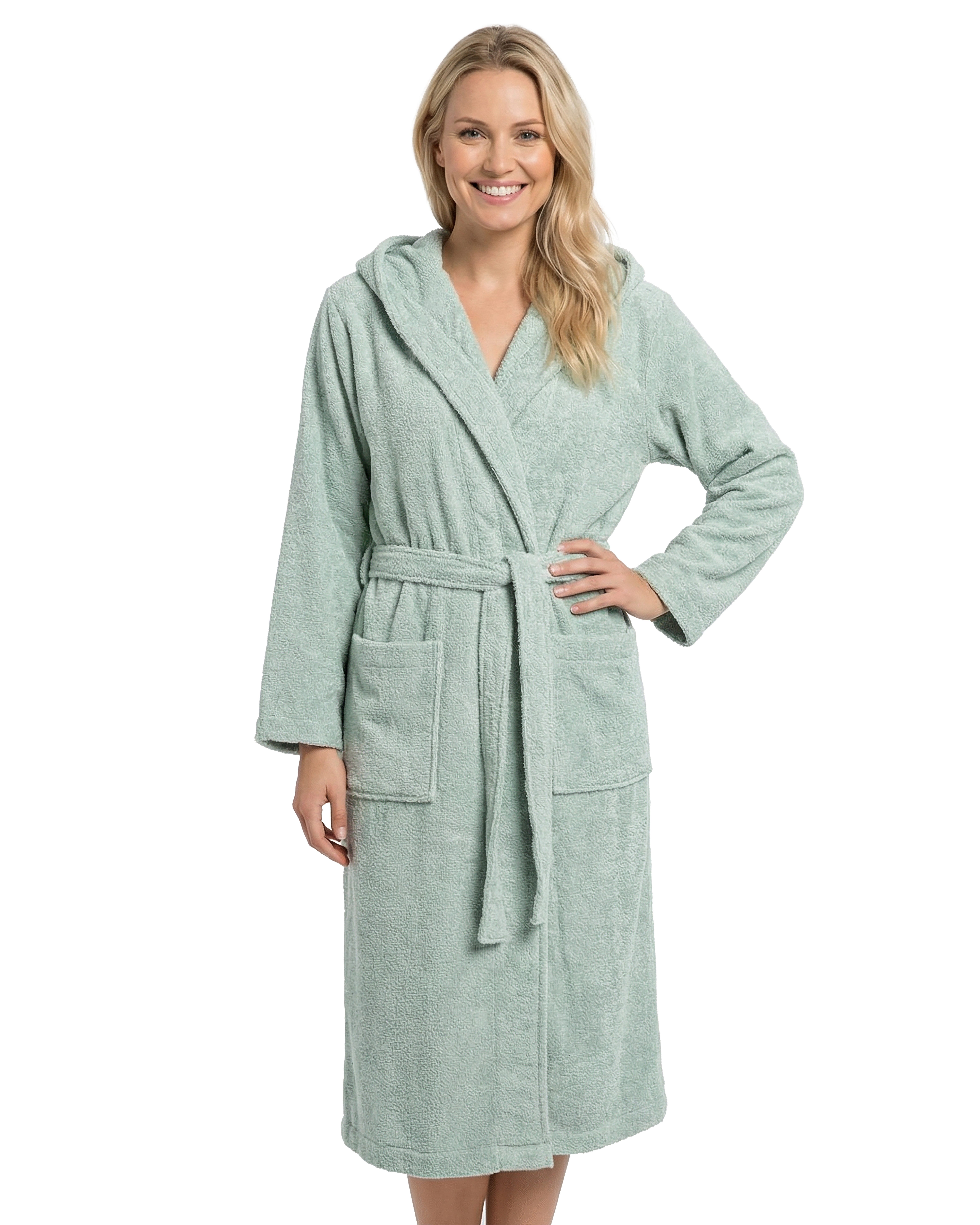 Laynenburg Damenbademantel Bademantel Damen mit Kapuze aus 100% Baumwolle Frottee, mit Gürtel, aufgesetzten Taschen, Waden-lang für Spa, Sauna, S-XXXL