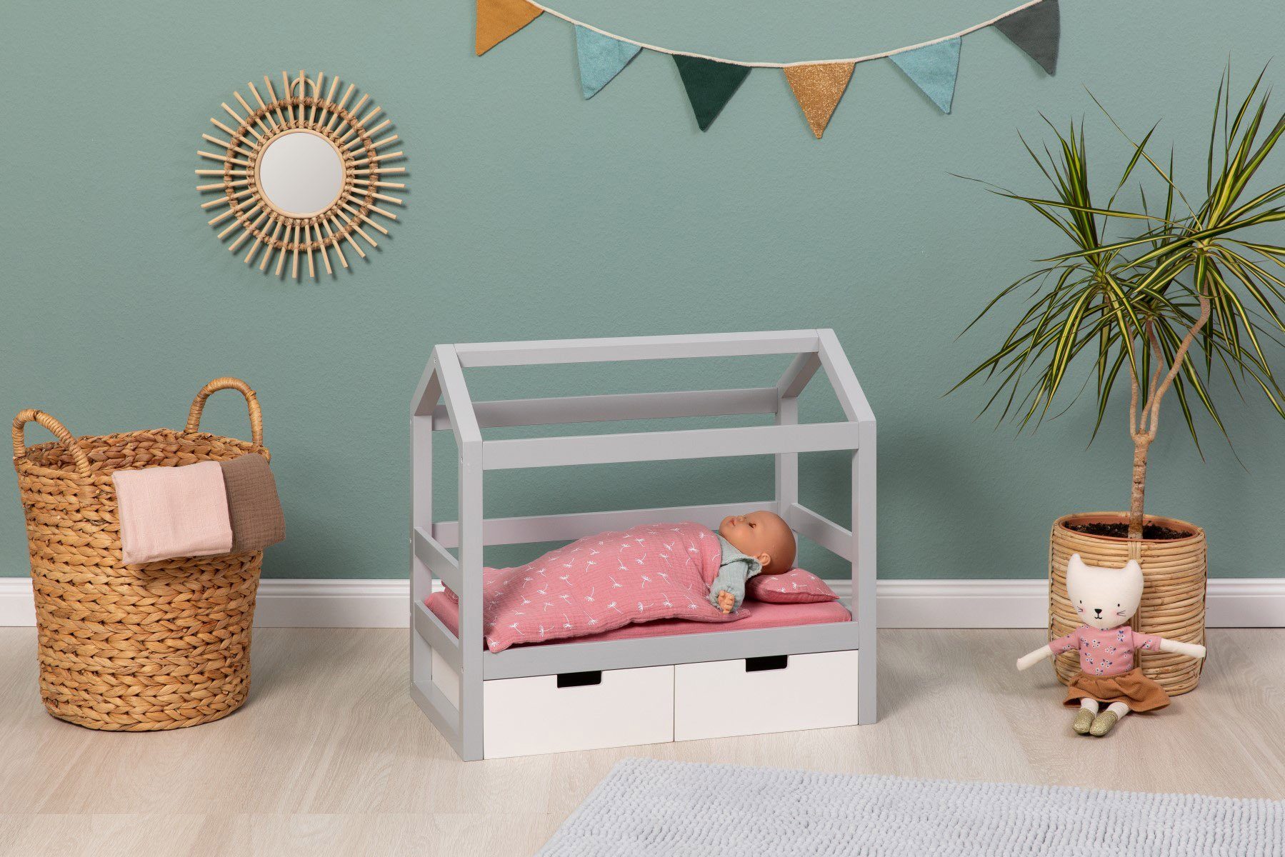 MUSTERKIND® Puppenbett Puppen-Hausbett Viola, grau/weiß, aus Holz