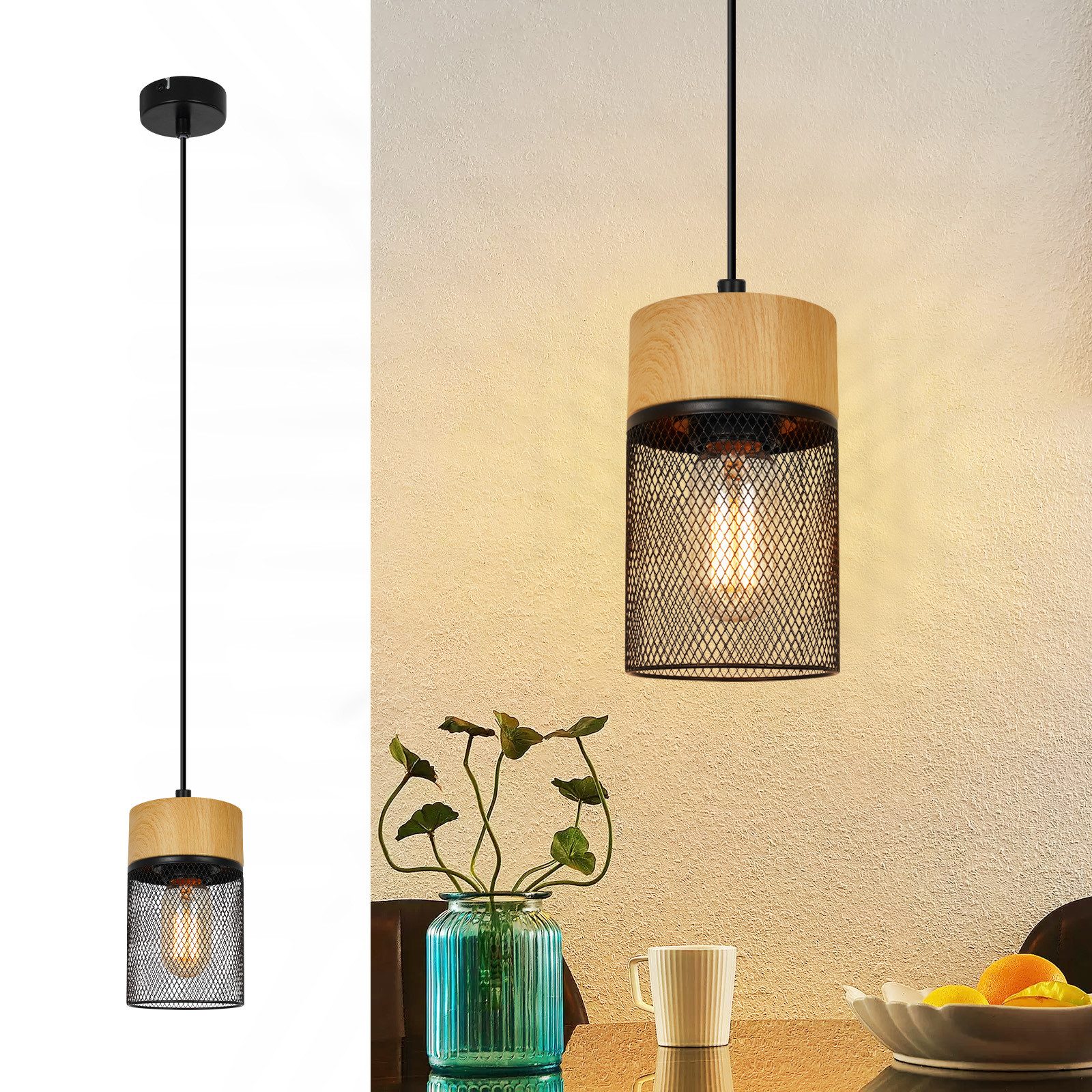 Nettlife Hängeleuchte Vintage Holzmaserung Esstisch Schwarz Industrial E27 25W Pendelleuchte, Höhenverstellbar, LED wechselbar, Esstischlampe für Schlafzimmer Küche Bar Flur