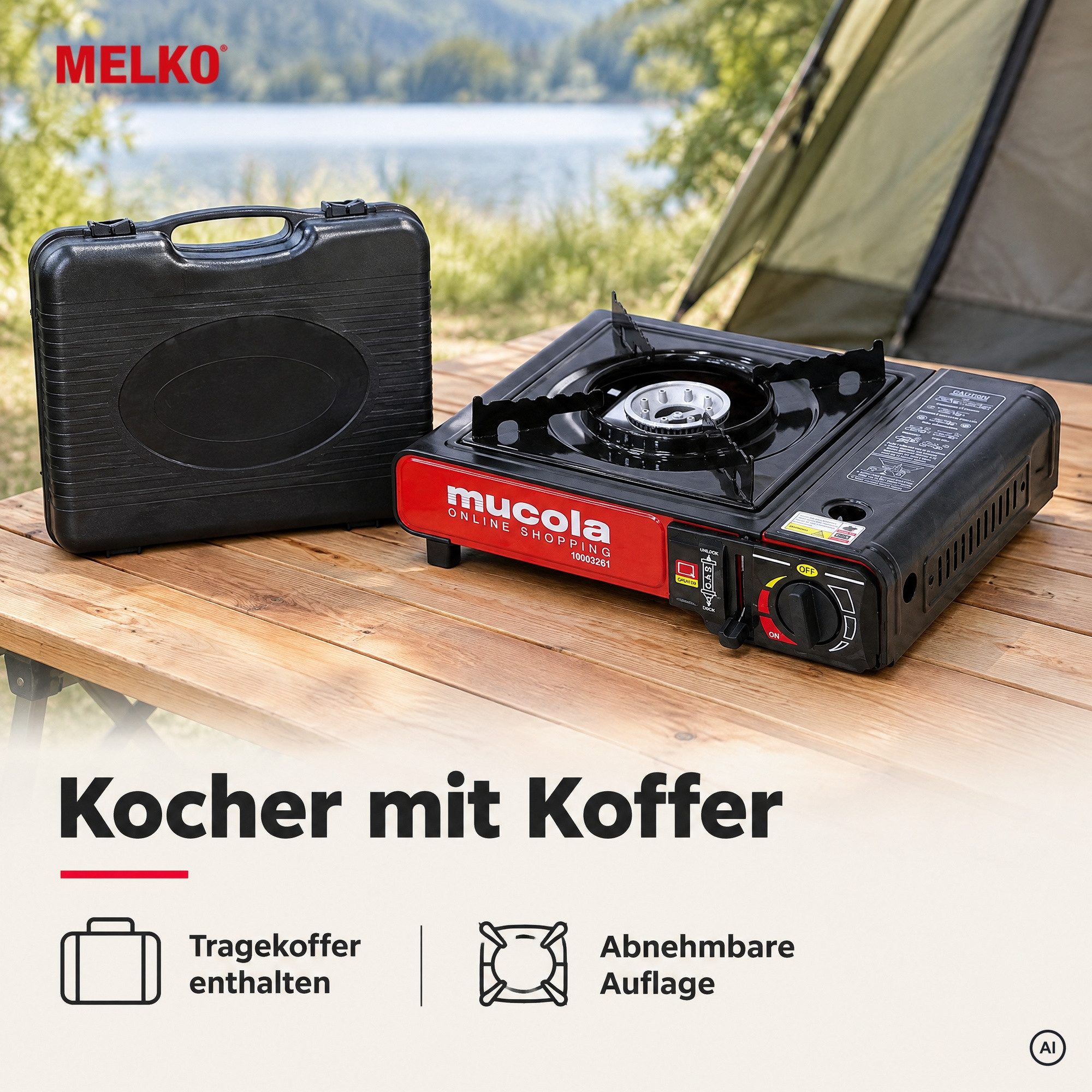 Melko Gaskocher Gaskocher Campingkocher mit Koffer Herd Kartuschenkocher Gasherd, (Stück, 1-St., Kocher), Piezozündung