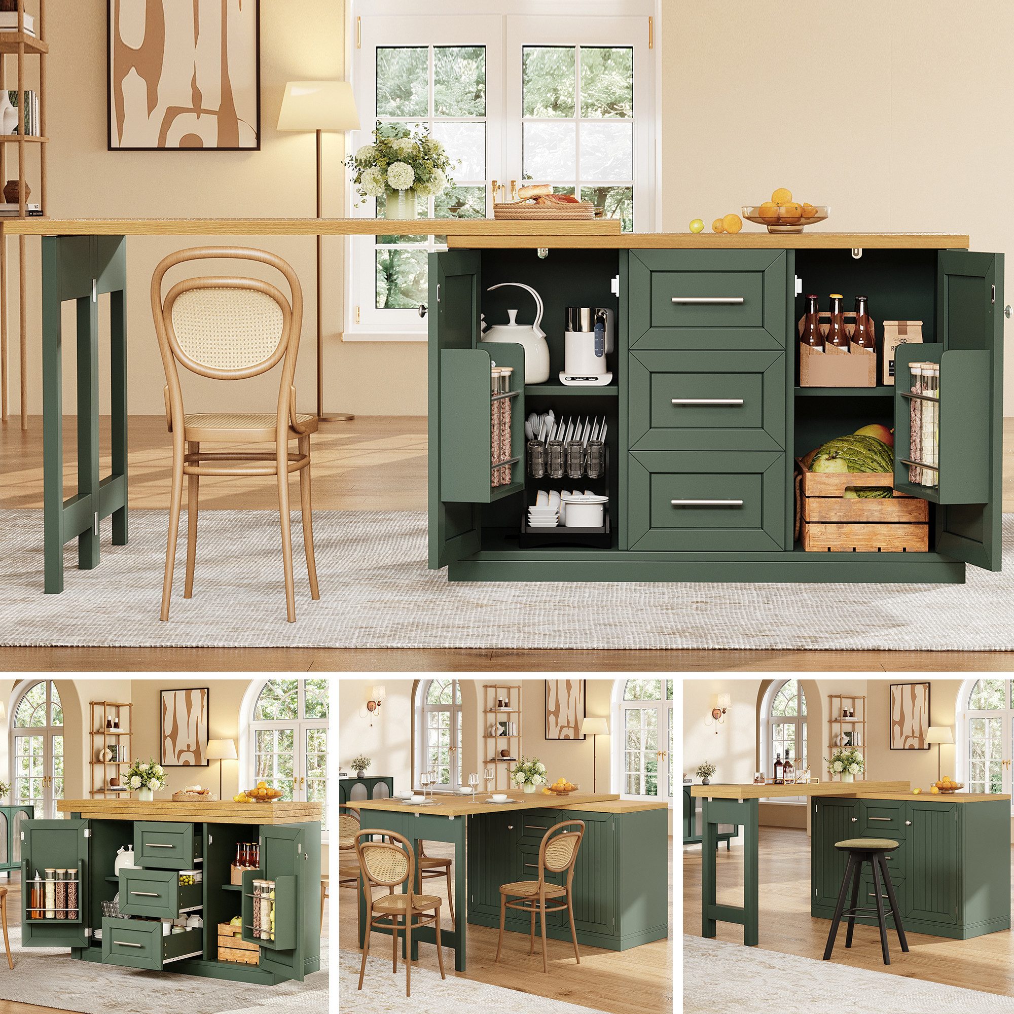 Flieks Kücheninsel Mehrzweckschrank mit 360° drehbarer und klappbarer Arbeitstisch, (Holzoptik Tischplatte Tiefe 40-80cm, Längenverstellbar 120-197cm), ausziehbarer Esstisch & Küchenschrank mit Schubladen&Snackregal Grün