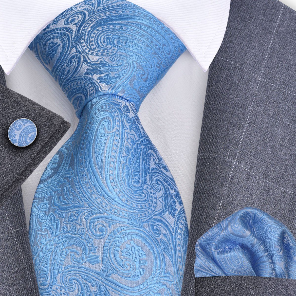 Moschen-Bayern Krawatte Seidenkrawatte Trachtenkrawatte Krawatte Herrenkrawatte Seide Blau Krawatten-Set - Krawatte + Einstecktuch + Manschettenknöpfe