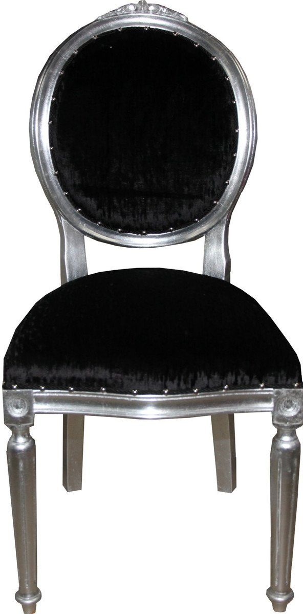 Casa Padrino Esszimmerstuhl Barock Medaillon Luxus Esszimmer Stuhl ohne Armlehnen in Schwarz / Silber - Limited Edition