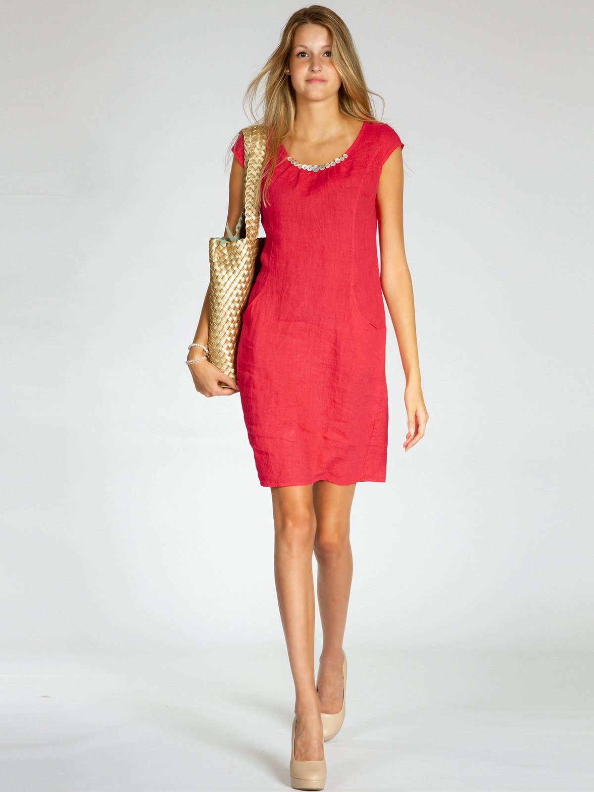 Caspar Sommerkleid SKL018 knielanges Damen Sommer Leinenkleid mit Perlmutt günstig online kaufen