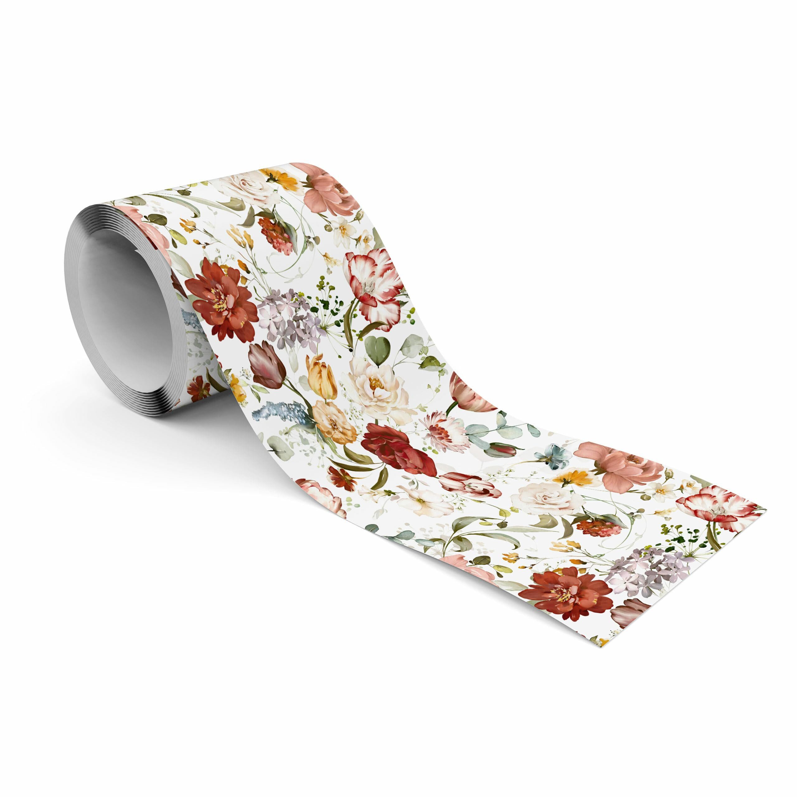Muralo Bordüre Wandbordüre selbstklebend Blumen – Tapetenbordüre Wohnzimmer, floral, Dahlien und Rosen in Rot und Orange, 10 x 300 cm, abwischbar