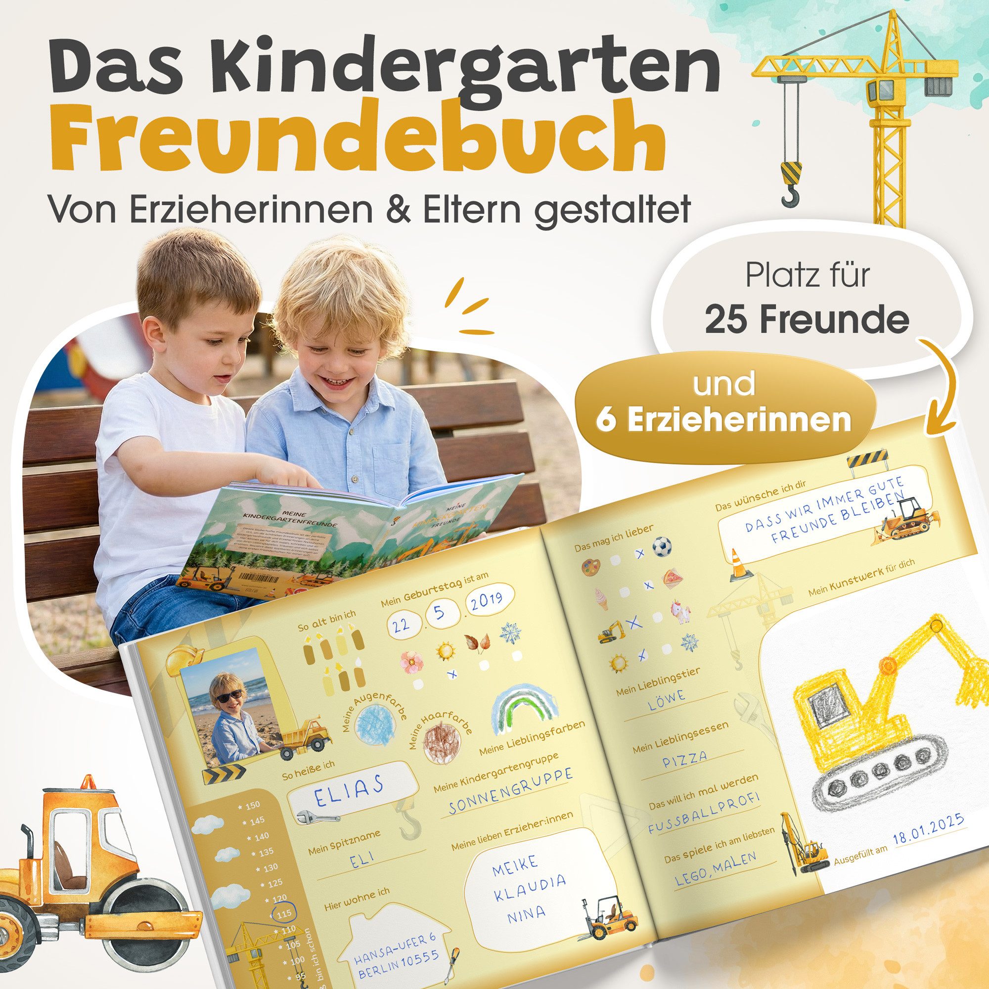 Eulentaler Freundebuch Kindergarten Baumaschinen & Bagger I Von Erzieherinnen gestaltet I + Goldprägung, Handgemalte Illustrationen I Kinderfreundliche Gestaltu – Bild 3 von 5