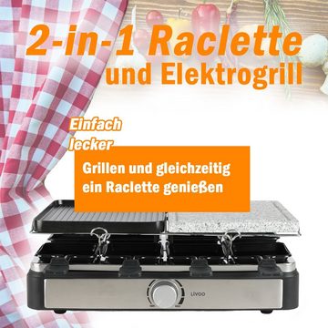 LIVOO Raclette LIVOO Raclette Grill für 8 Personen Tischgrill Raclettegrill DOC258, 8 Raclettepfännchen, 1400,00 W, Raclettepfännchen, Holzspatel, 2 abnehmbare Grillplatten, Drehregler