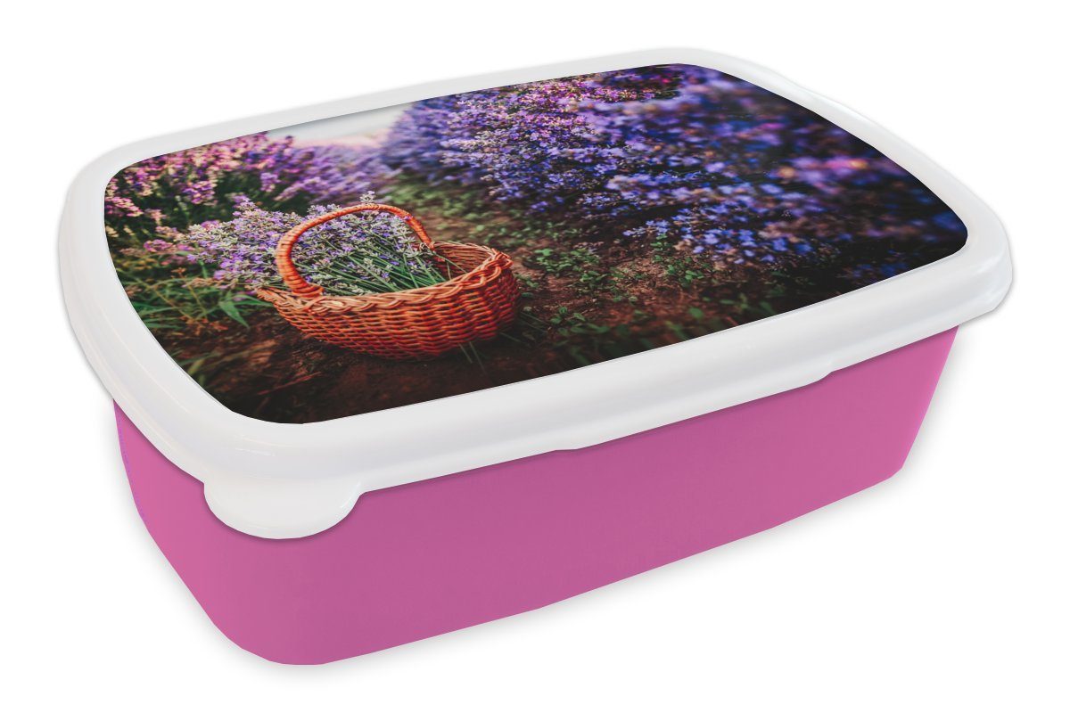 (2-tlg), Mädchen, Außen Brotbox MuchoWow Kunststoff, Kinder, - Korb, Kunststoff rosa Lavendel für - Lunchbox Snackbox, Brotdose Erwachsene,
