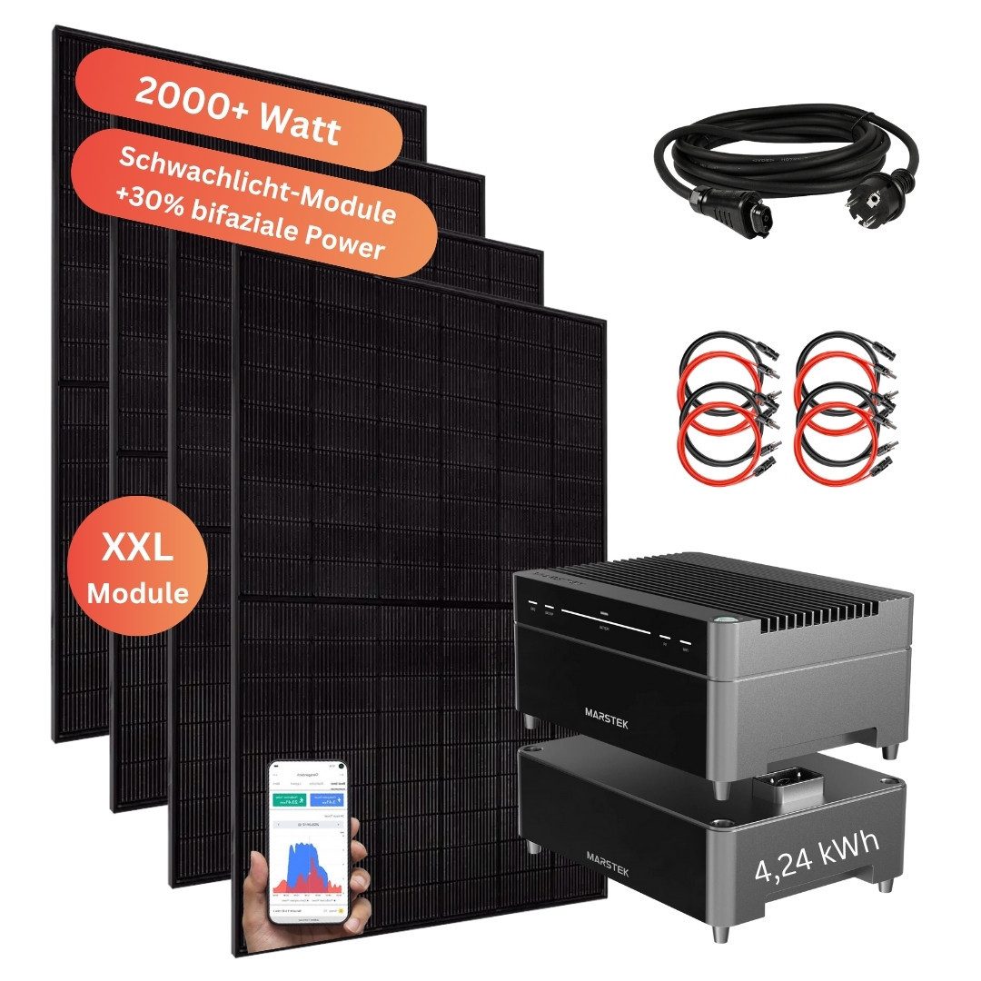 MyVoltaics Balkonkraftwerk 2000+ Watt MIT SPEICHER Marstek Venus A 4,12 kWh, Versand 0 €, 2000 W, mit 4 Modulen 500+ W bifazial, 1 Speichererweiterung 2,12 kwh, (Set komplett, 6-St., komplett steckerfertig für Steckdose und Solarmodule, erweiterbar), 800 W Netzausgang, Notstrom direkt am Speicher bis zu 1200 W