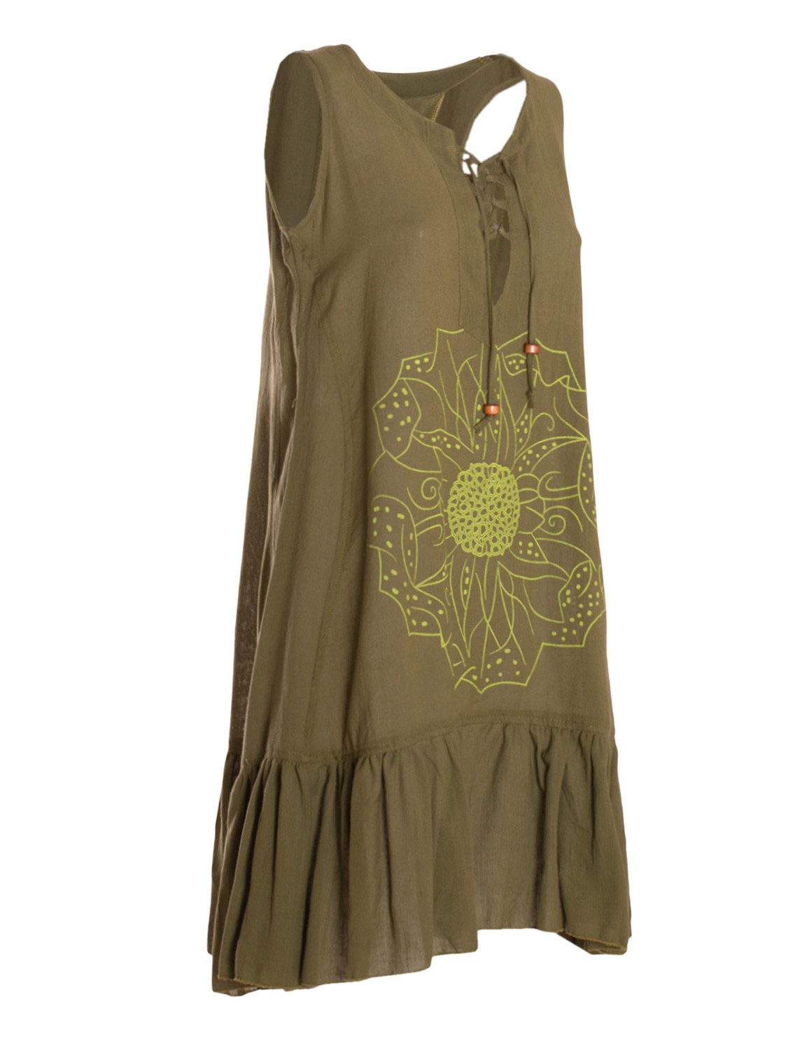 Vishes Tunikakleid Damen Hängerkleid Baumwolle Blumen Lagenlook mit Schnüren Holzperlen Alternative Bekleidung, Ethno, Hippie, Retro Style
