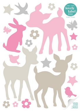 lovely label Wandsticker Häschen & Rehe rosa/grau/beige - Wandtattoo Kinderzimmer Baby Mädchen