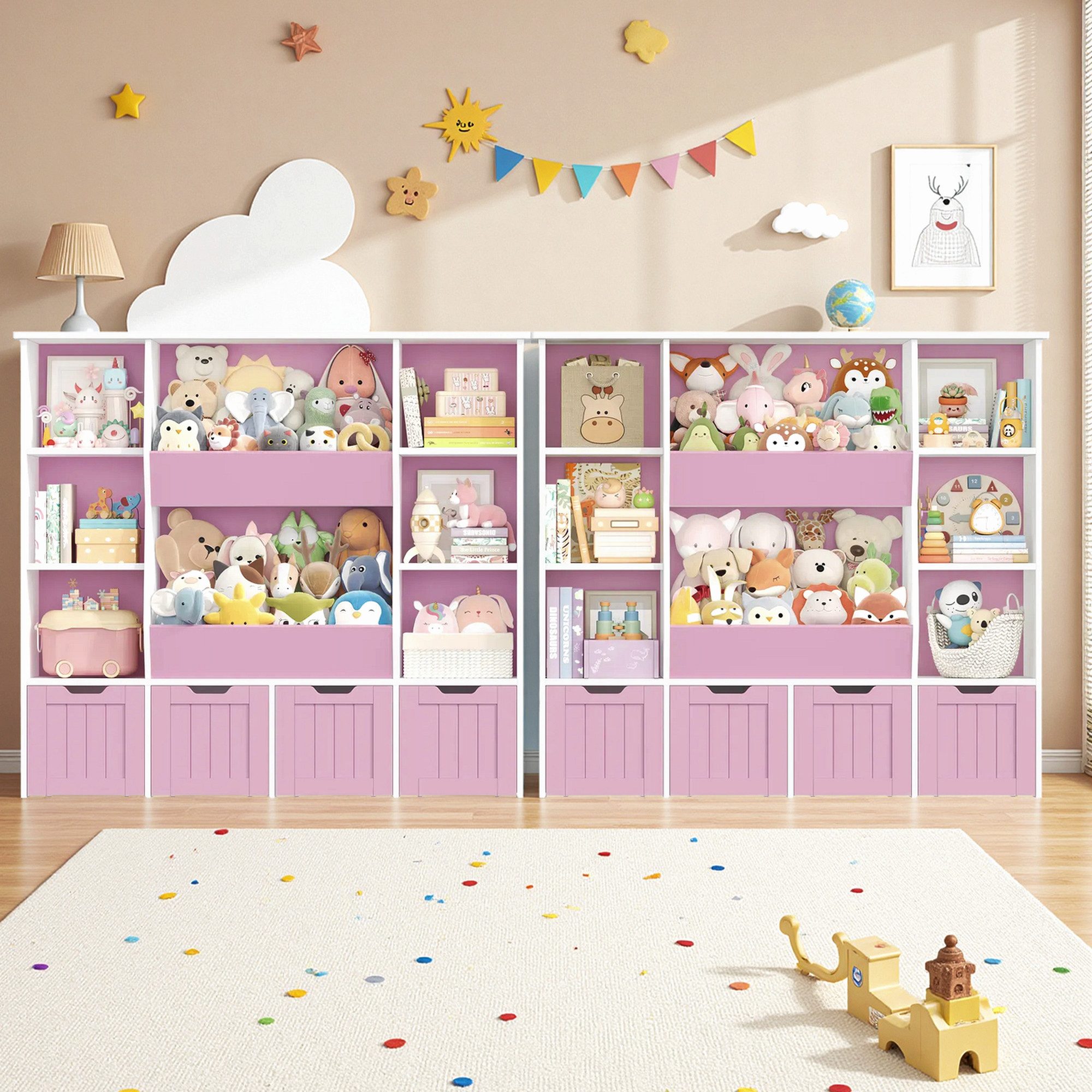 Homfa Kinderregal mit 4 Spielzeugkisten auf Rollen, Spielzeugregal mit 8 offenen Fächern Spielzeugtruhe 124.5x118x35cm – Bild 2 von 5