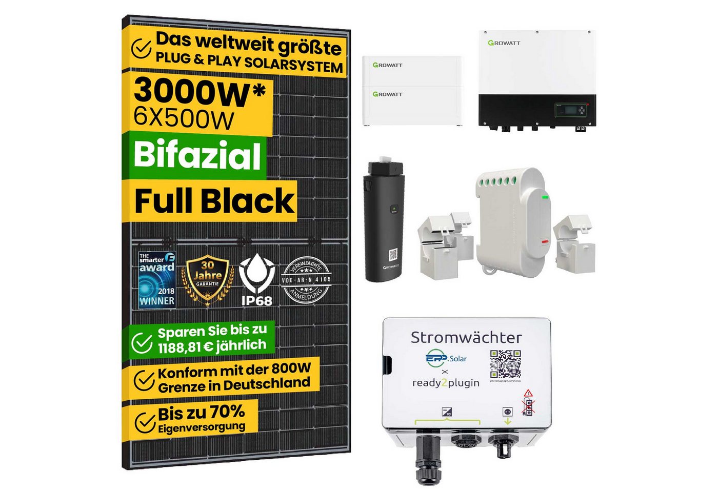 Thumbnail - EPP.Solar Solaranlage 3000W/4000W/6000W/Ready2plugin Solaranlage mit Speicher, 3000,00 W, Monokristallin, (6x 500W Bifaz...