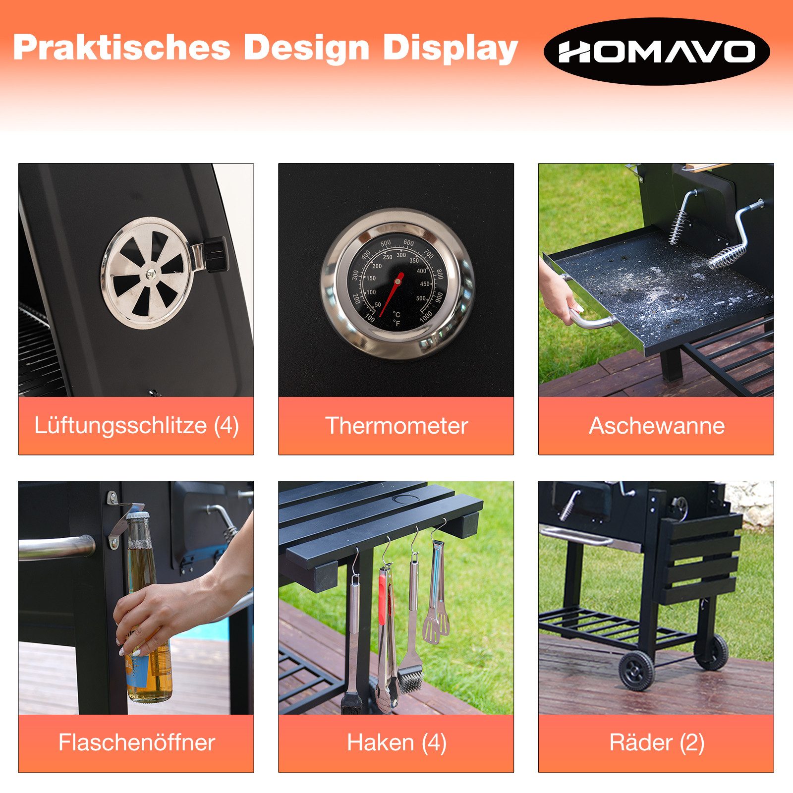 HOMAVO Holzkohlegrill mit Deckel & Grillabdeckungen Wasserfest, Grillfläche: 56 × 42.5 cm, Höhenverstellbare Kohlenwanne, Faltbarer Seitentisch, Thermometer – Bild 4 von 5