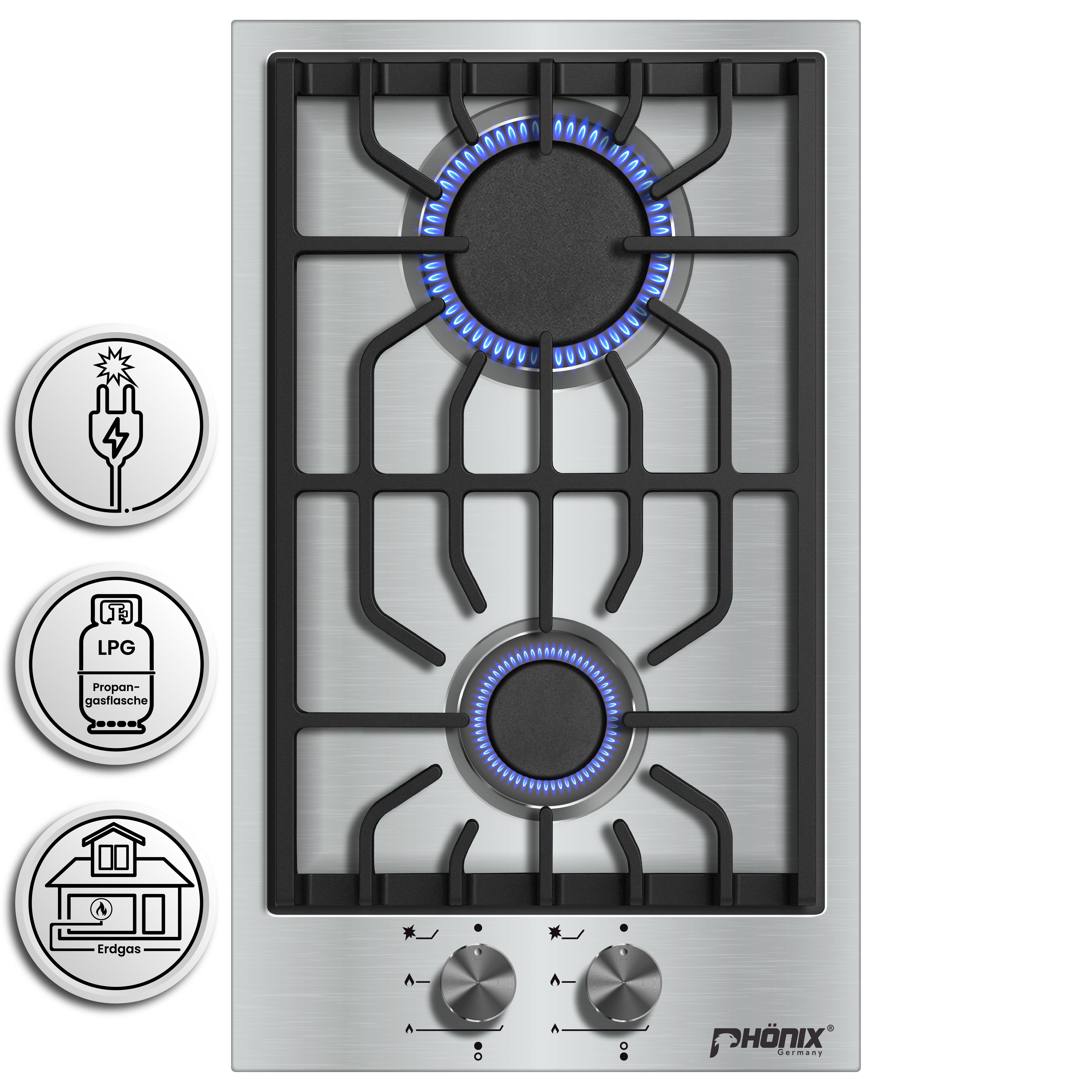 Phönix Germany Gas-Kochfeld Domino SL, Gaskocher 2 flammig Gaskochfeld, Propan- / Erdgas, H-Gas
