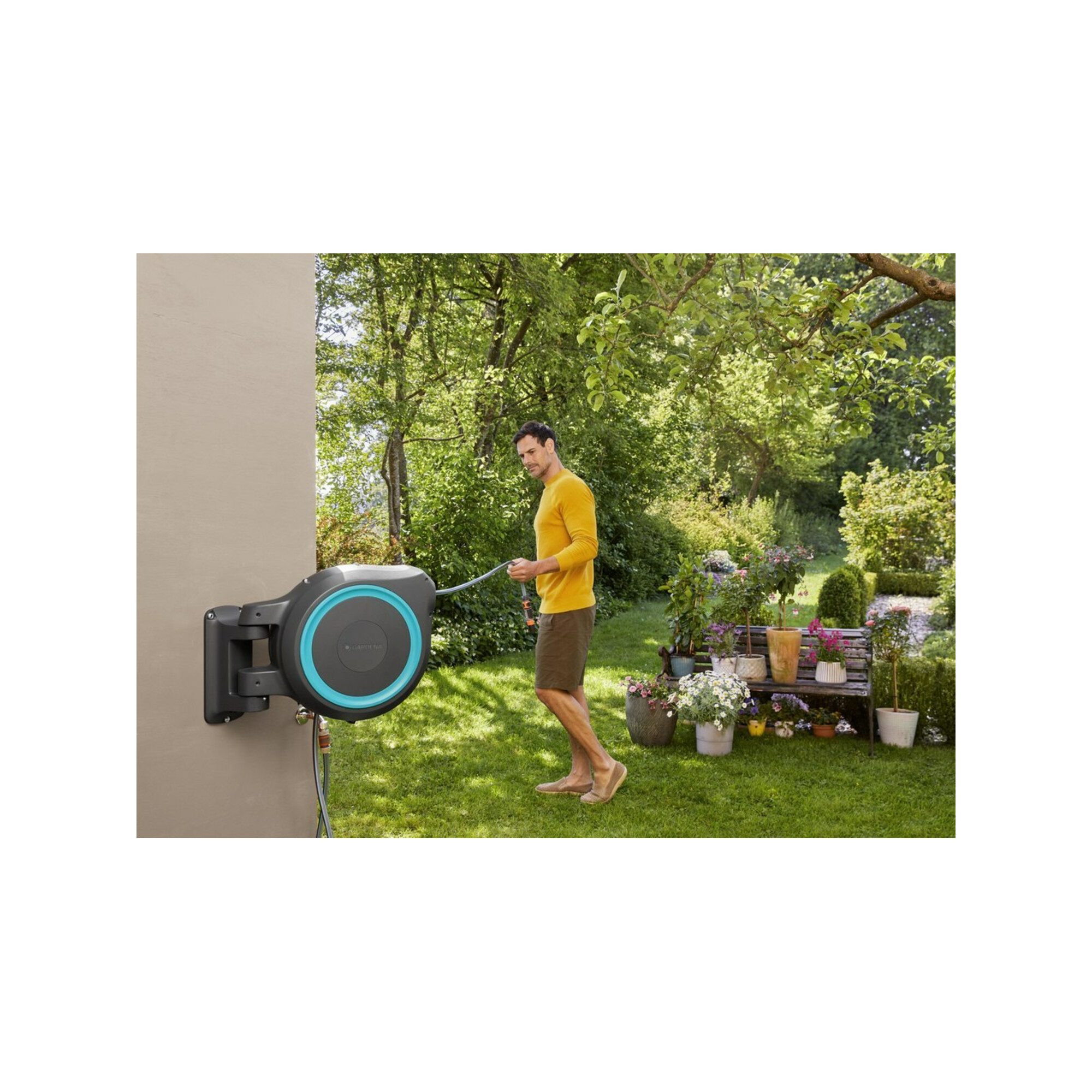 GARDENA Bewässerungssystem Gardena Wand-Schlauchbox türkis RollUp XL 35 m Multibrause 18313