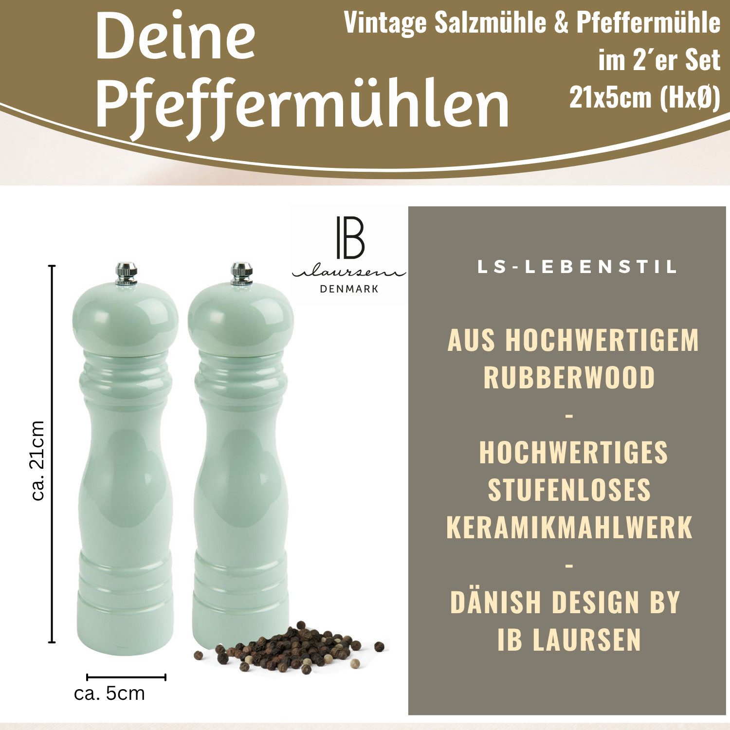 LS-LebenStil Salz-/Pfeffermühle Ib Laursen Holz Salzmühle & Pfeffermühle Set Grün 21x5cm Keramikmahlwe manuell, (2 Stück), Gewürzmühle grobes Salz schwarze Pfefferkörner Chili Muskatnuss