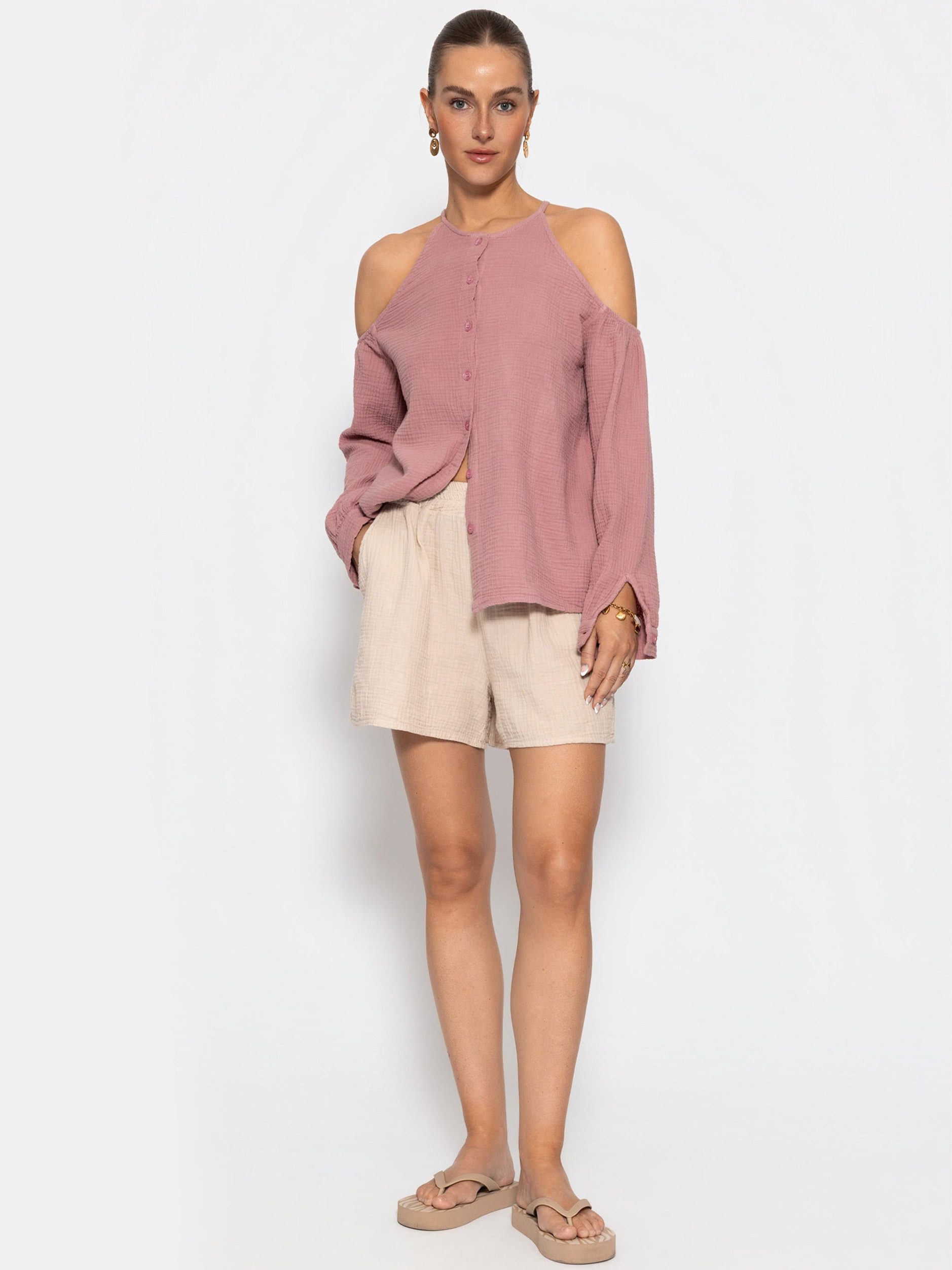 SASSYCLASSY Hemdbluse Musselin Bluse mit Cut-Outs für Damen Moderne Langarmbluse mit Knopfleiste in fließendem Schnitt