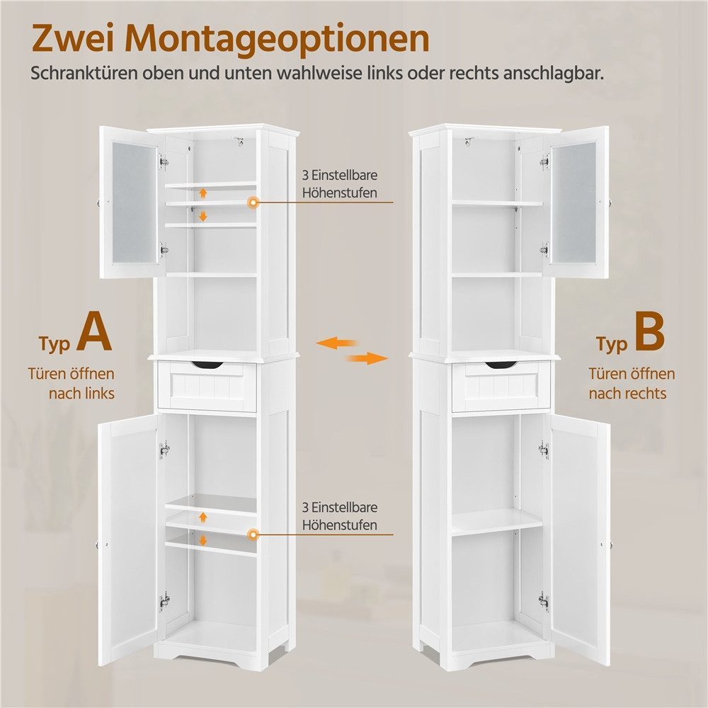 Yaheetech Hochschrank mit Glastür & Schublade & Schrank 40 x 30 x 170 cm Badezimmerschrank Küchenschrank, 2 Einlegeböden höhenverstellbar – Bild 5 von 5