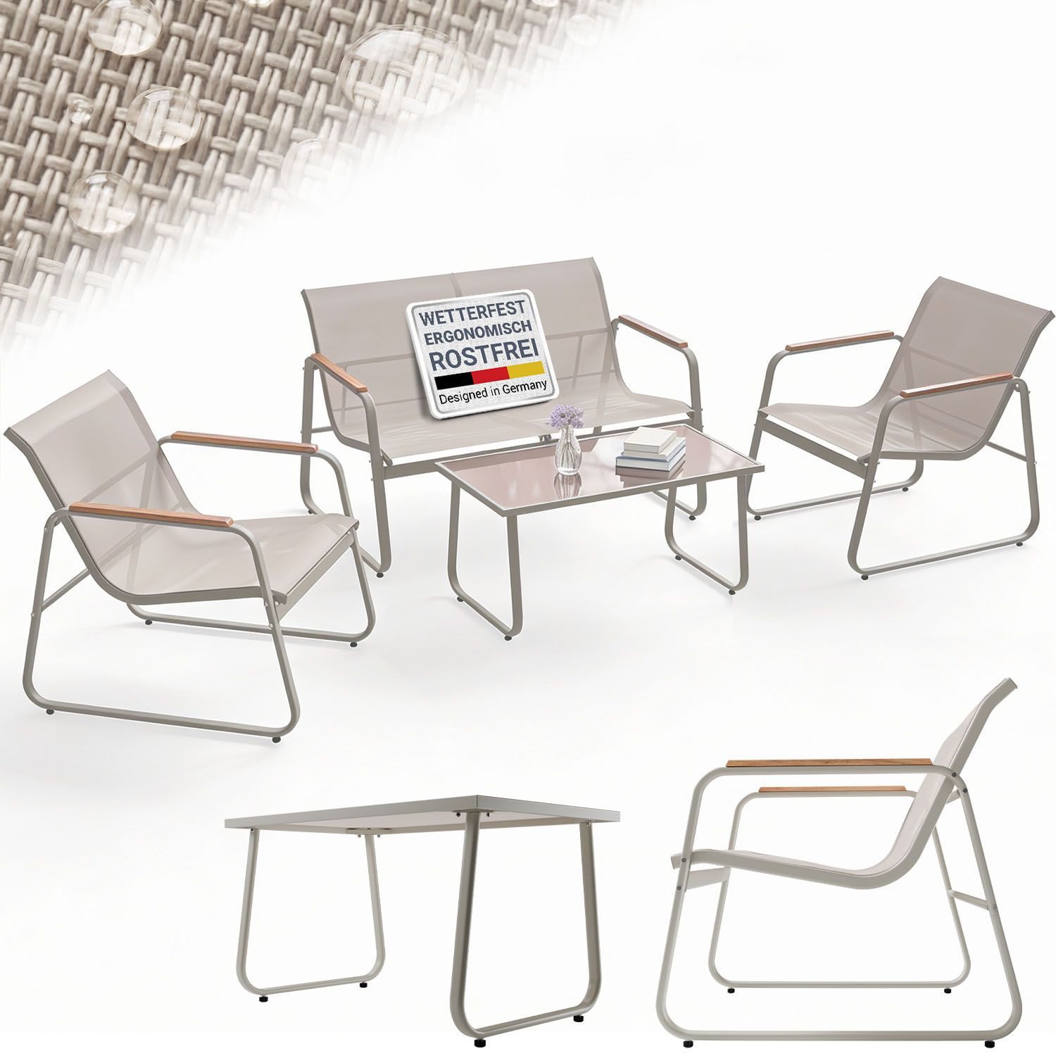 Juskys Gartenlounge-Set Genua, (4-tlg), 4-teilig, UV-beständig, Metallgestell, Tisch mit Glasplatte