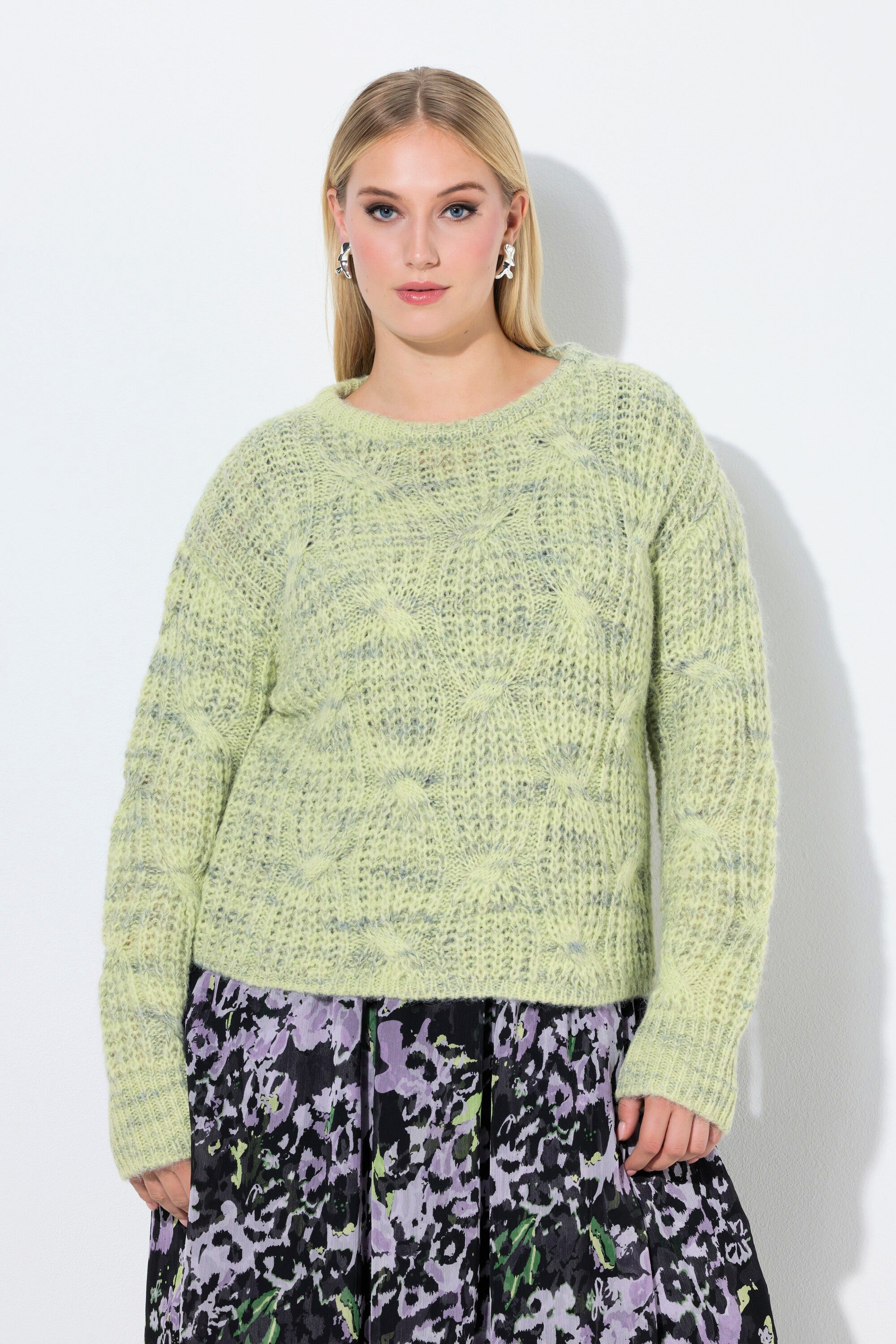 Ulla Popken Strickpullover Pullover Zopfmuster Oversized Rundhals Langarm