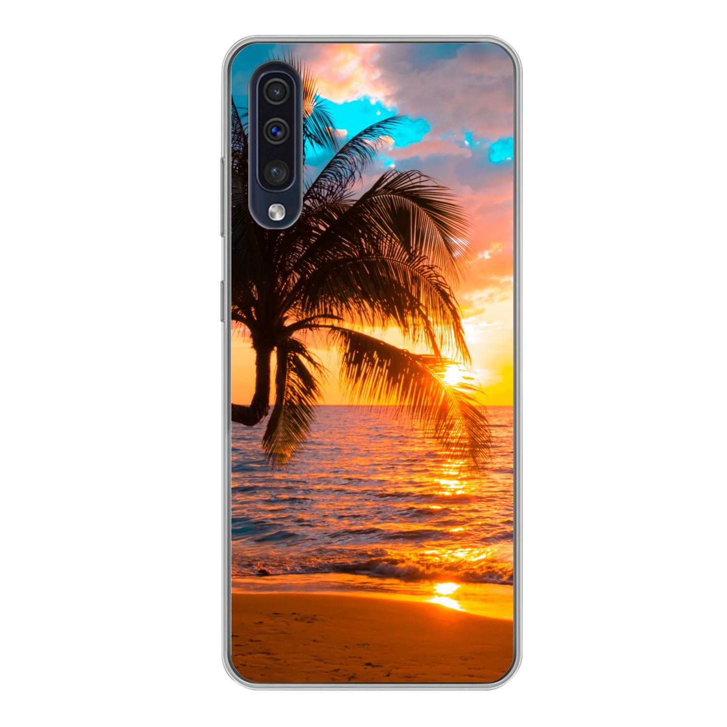MuchoWow Handyhülle für Samsung Galaxy A50 Palme - Sonnenuntergang - Horizont - Strand - M, Smartphone-Bumper, Print, Handy Schutzhülle Dünn