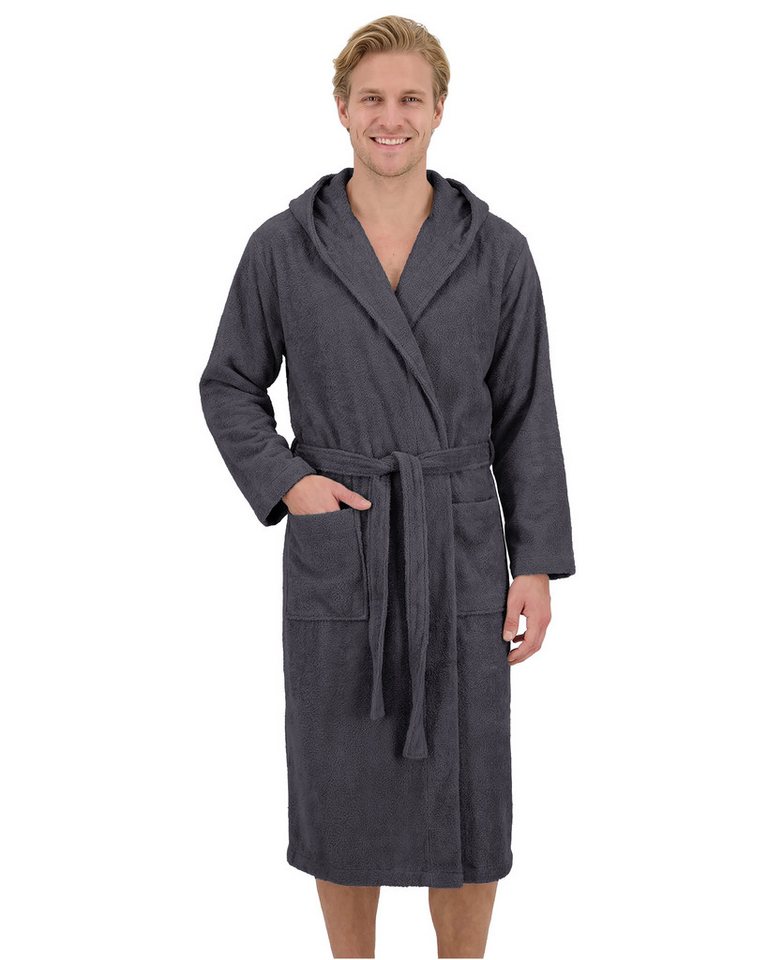 Laynenburg Herrenbademantel Bademantel Herren mit Kapuze aus 100% Baumwolle Frottee, mit Gürtel, aufgesetzten Taschen, Waden-lang für Spa, Sauna, M-XXXL
