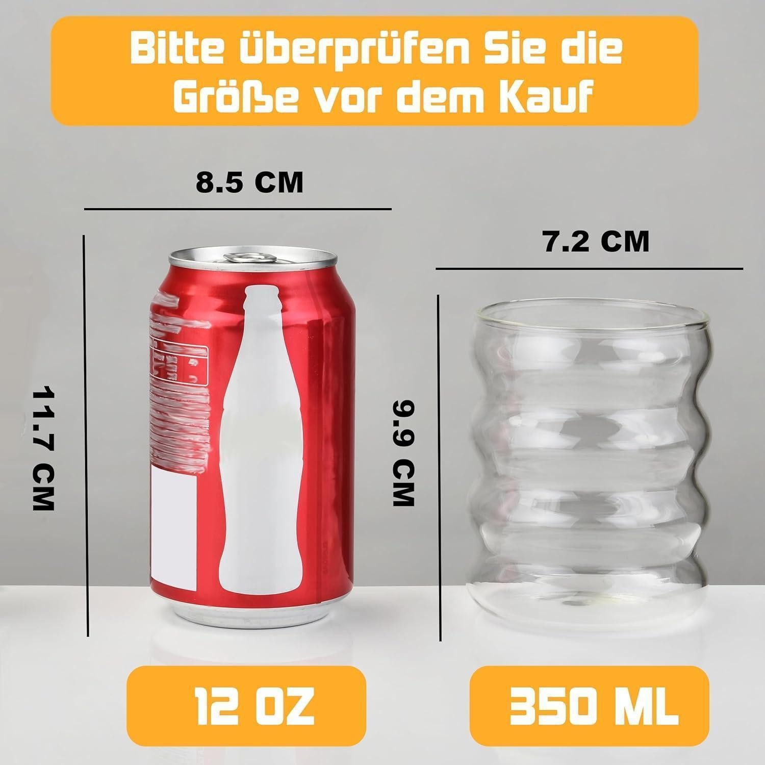 LuxusKollektion Gläser-Set 350ML gerippte Trinkgläser Set of 2 with Glass Straws, bubble