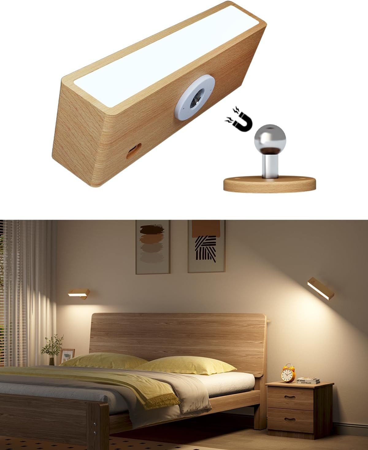 BlingBin LED Wandleuchte Akku Wandleuchte, Kabellos Dimmbar Touch Control, ohne Bohren, Sie können es in jedem Raum wie Schlafzimmer, Wohnzimmer, Kinderzimmer im Haus verwenden., LED, Warmes Licht, weißes Licht, Natürliche Holzmaserung, um 360° drehbar, stufenlos dimmbar